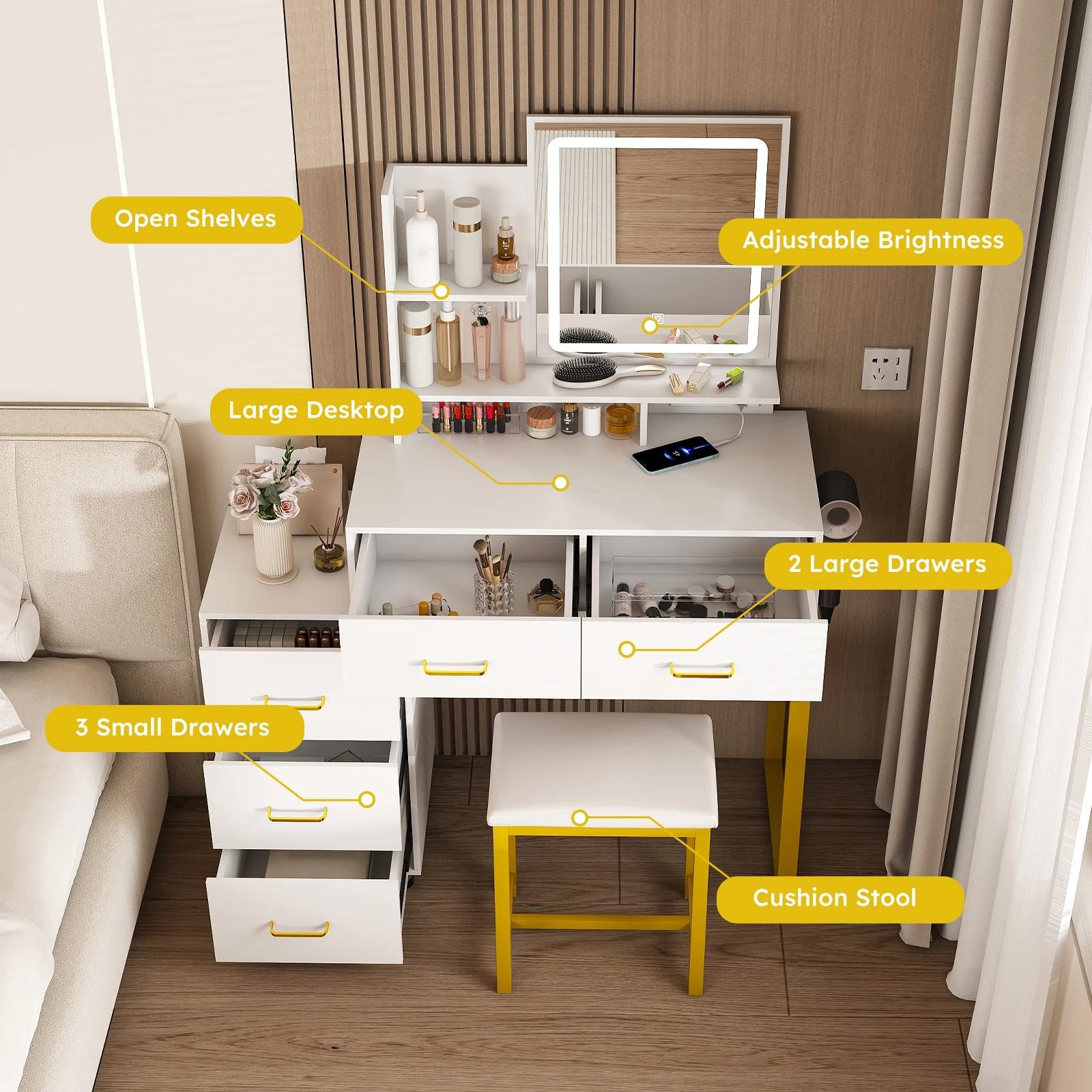 Montary Modern Mini Vanity w/Adjustable LED Mirror + Hidden Storage, Padded Stool & Dustproof Shelves (White) - Image 103