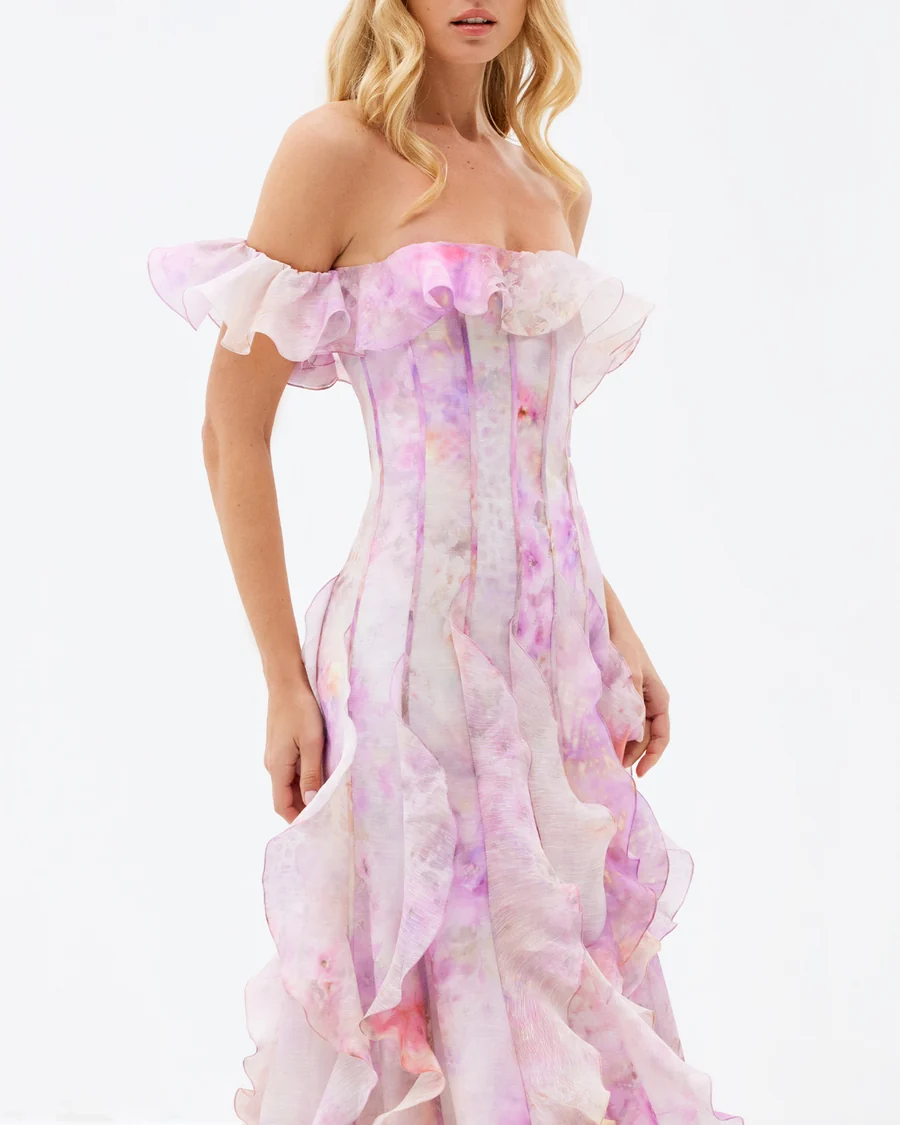 Elegant Floral Print Off-Shoulder Organza Dress - Pink