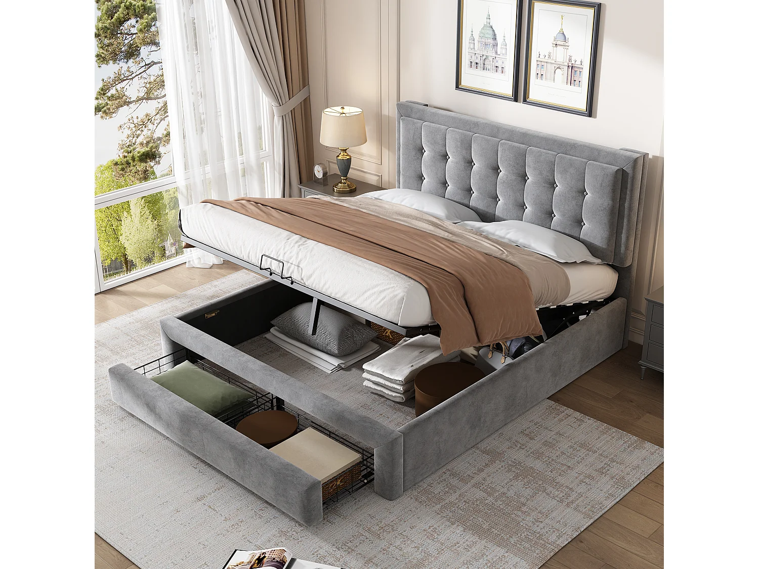 Lit coffre 140x200 cm - Velours gris - Lit adulte avec tiroirs et sommier à lattes - Sans matelas