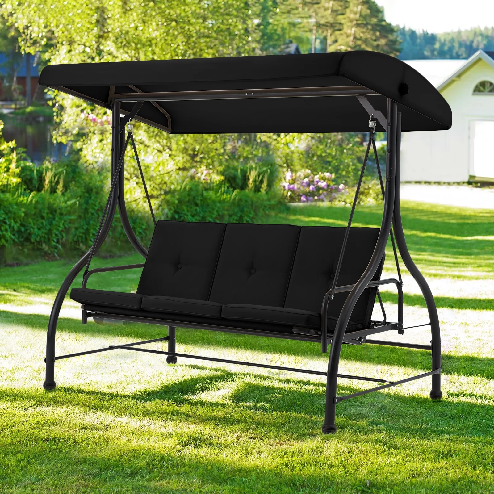 AECOJOY 3 Person Canopy Steel Porch Swing, Converting Swing Glider Hammock-Beige - Image 32