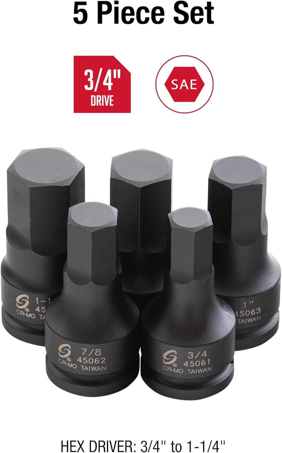 SUNEX TOOLS 4506, 3/4 Inch Drive Impact Hex Driver Set, 5-Pieces, SAE, 3/4
