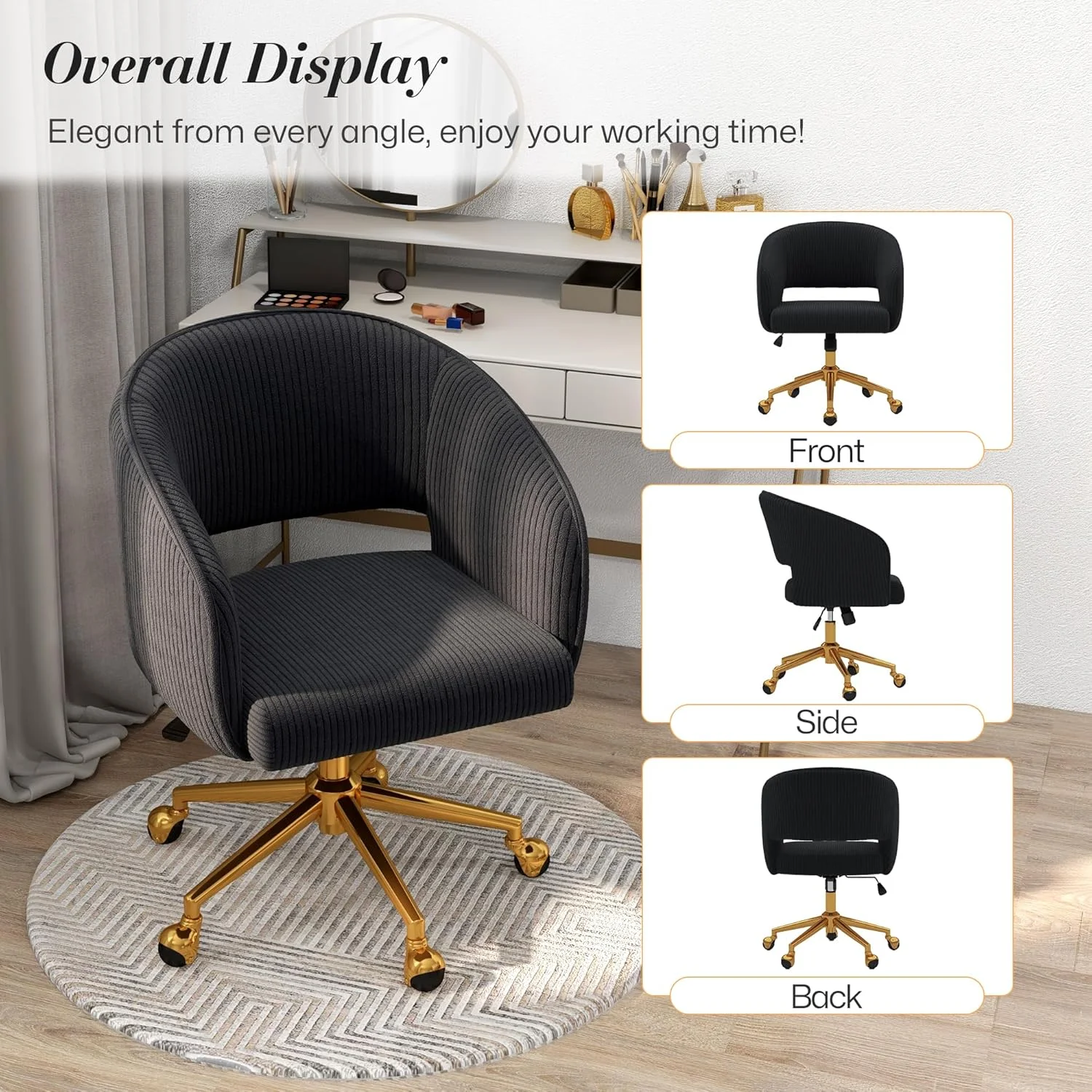 Home Office Swivel Desk Chair, Modern Velvet Vanity Chair, Height Adjustable Armchair with Gold Base, Ergonomic Office Chair for Task Study Computer Room, Beige - Image 44