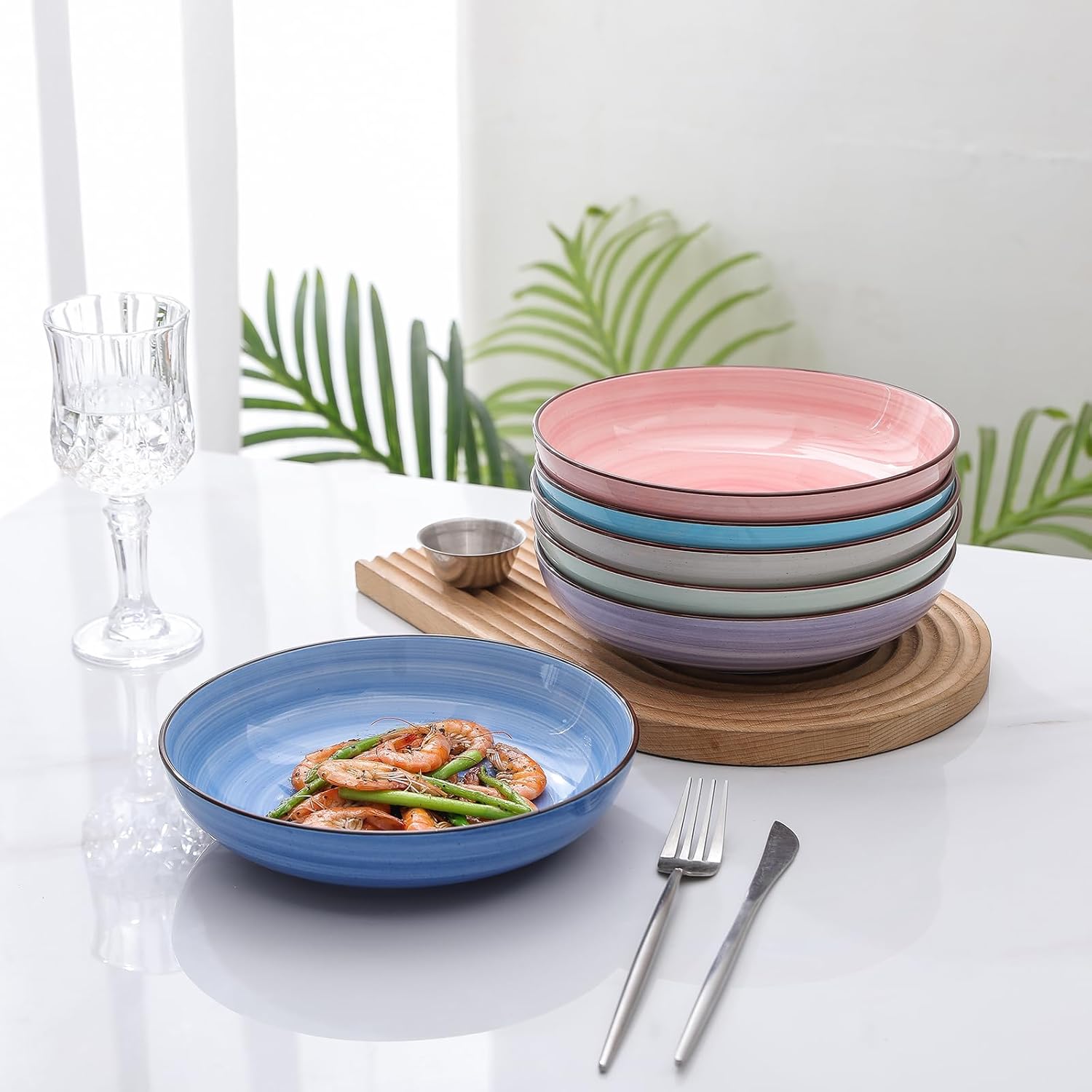 Selamica Ceramic Plates and Bowls Set, 24 Pieces Dinnerware Sets for 6, Scratch Resistant Dishes Set, Handpainted Swirl with Spot Dishwasher & Microwave Safe, Gradient Color