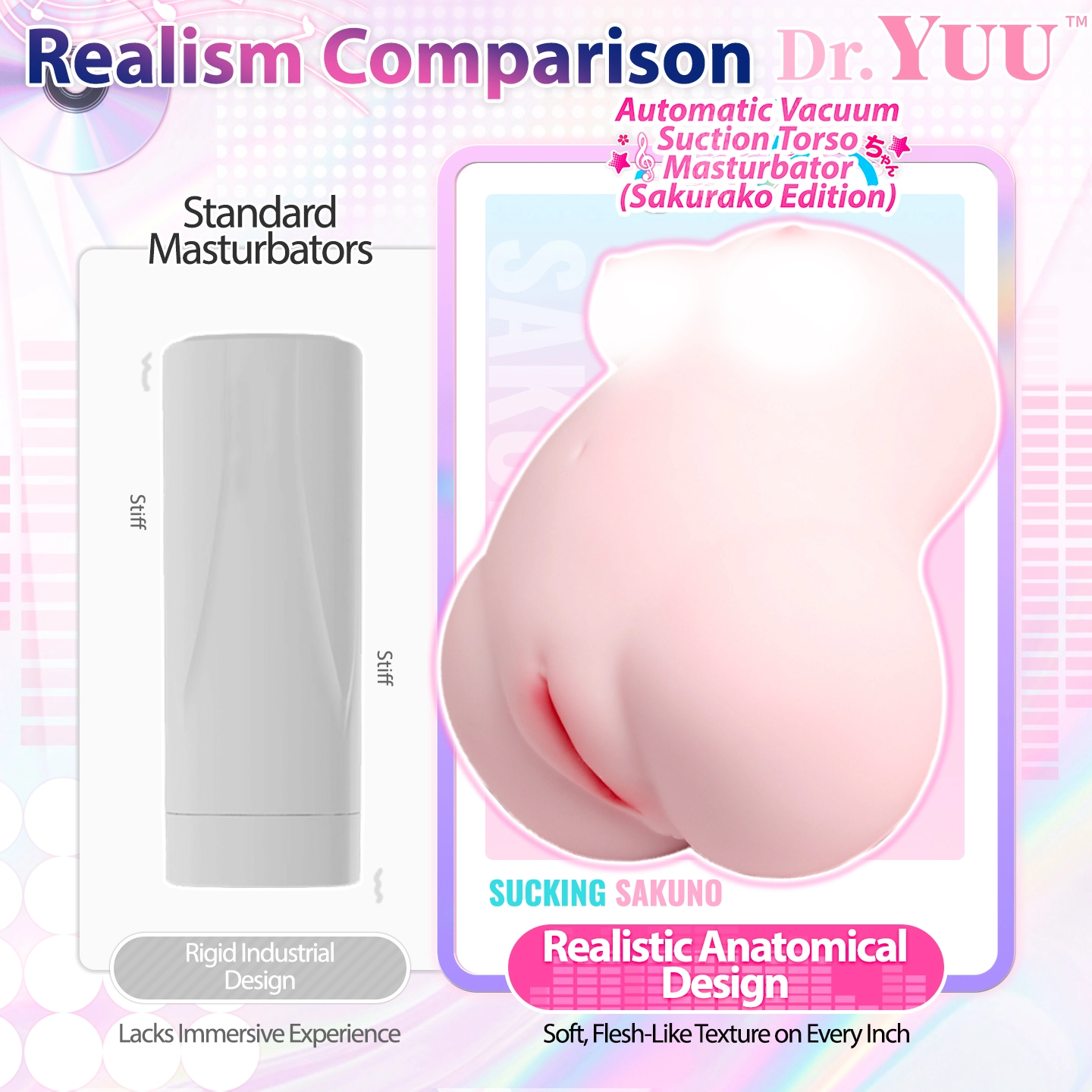 Comparison chart showing the advantages of Dr.YUU realistic pocket pussy versus ordinary male sex toys.