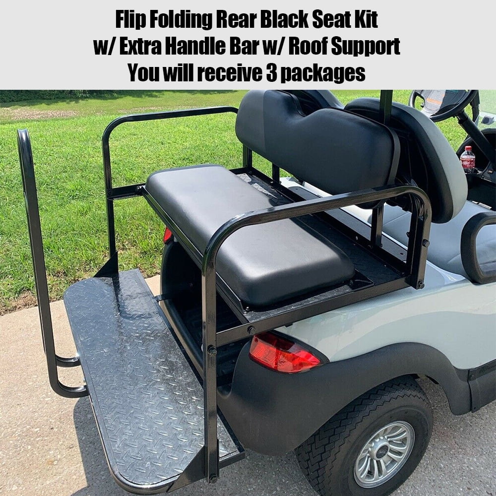 Kojem Flip Folding Rear Black Seat Kit for 2004-up Club Car Precedent Gas or Electric Models Golf Cart w/ Extra Handle Bar w/ Roof Support - 3 Packages & All Hardware