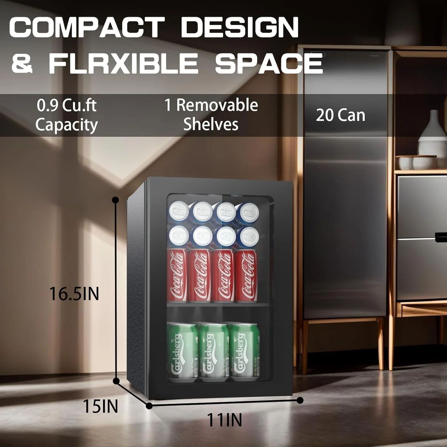 Compact 20 Can Beverage Fridge with Glass Door, 0.9 Cubic Foot Under Counter Cooler with Digital Display