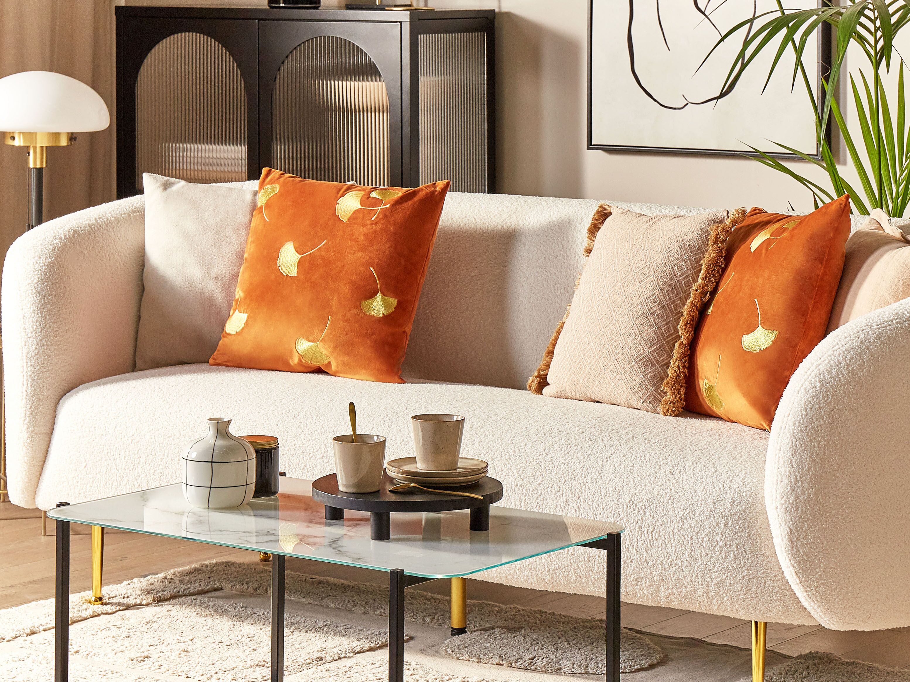 Set of 2 Decorative Cushions TULIP Velvet 45 x 45 cm Orange Plant Pattern