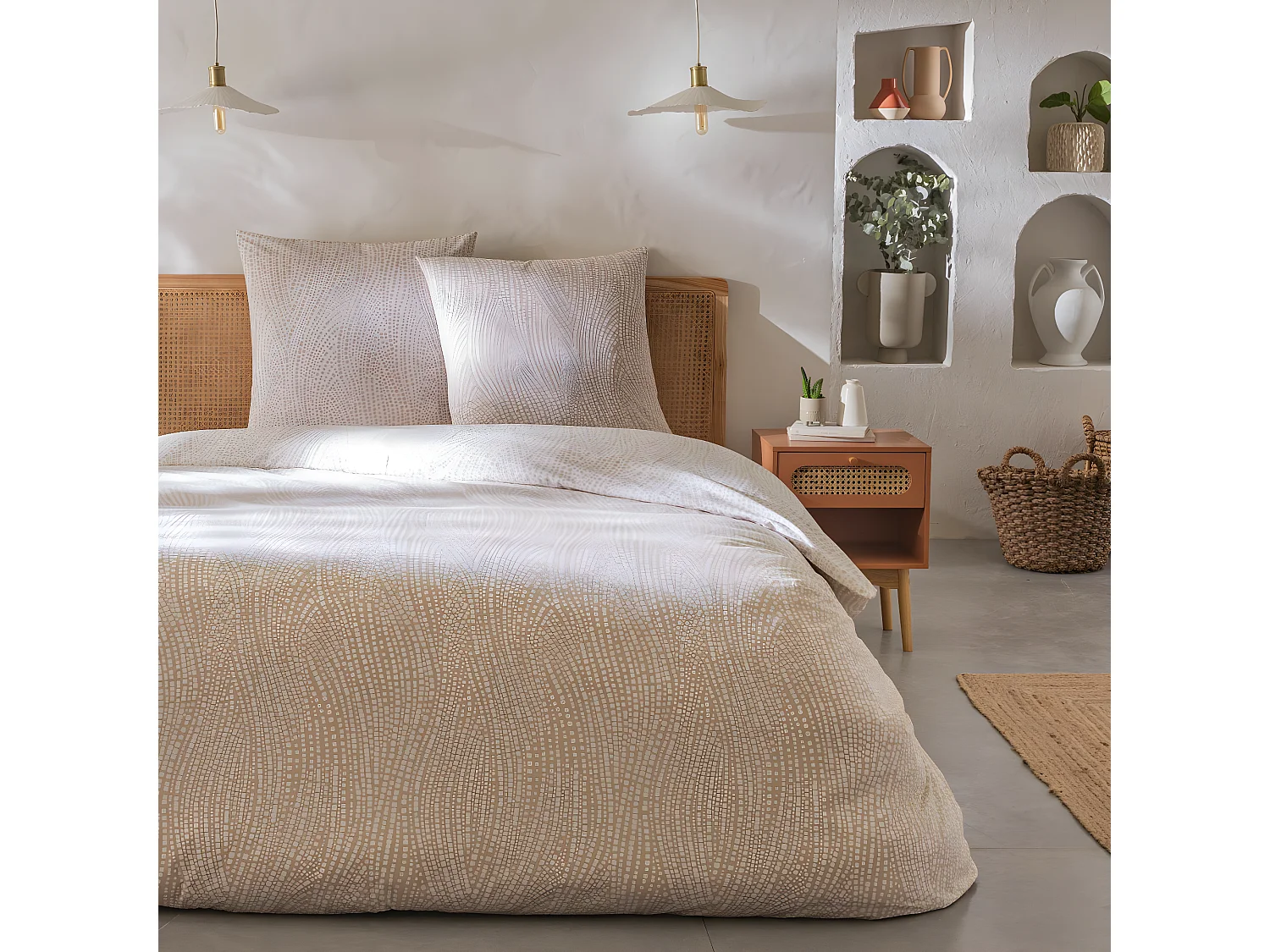 Parure de lit 2 personnes en coton 57 fils imprimé beige 240x220cm
