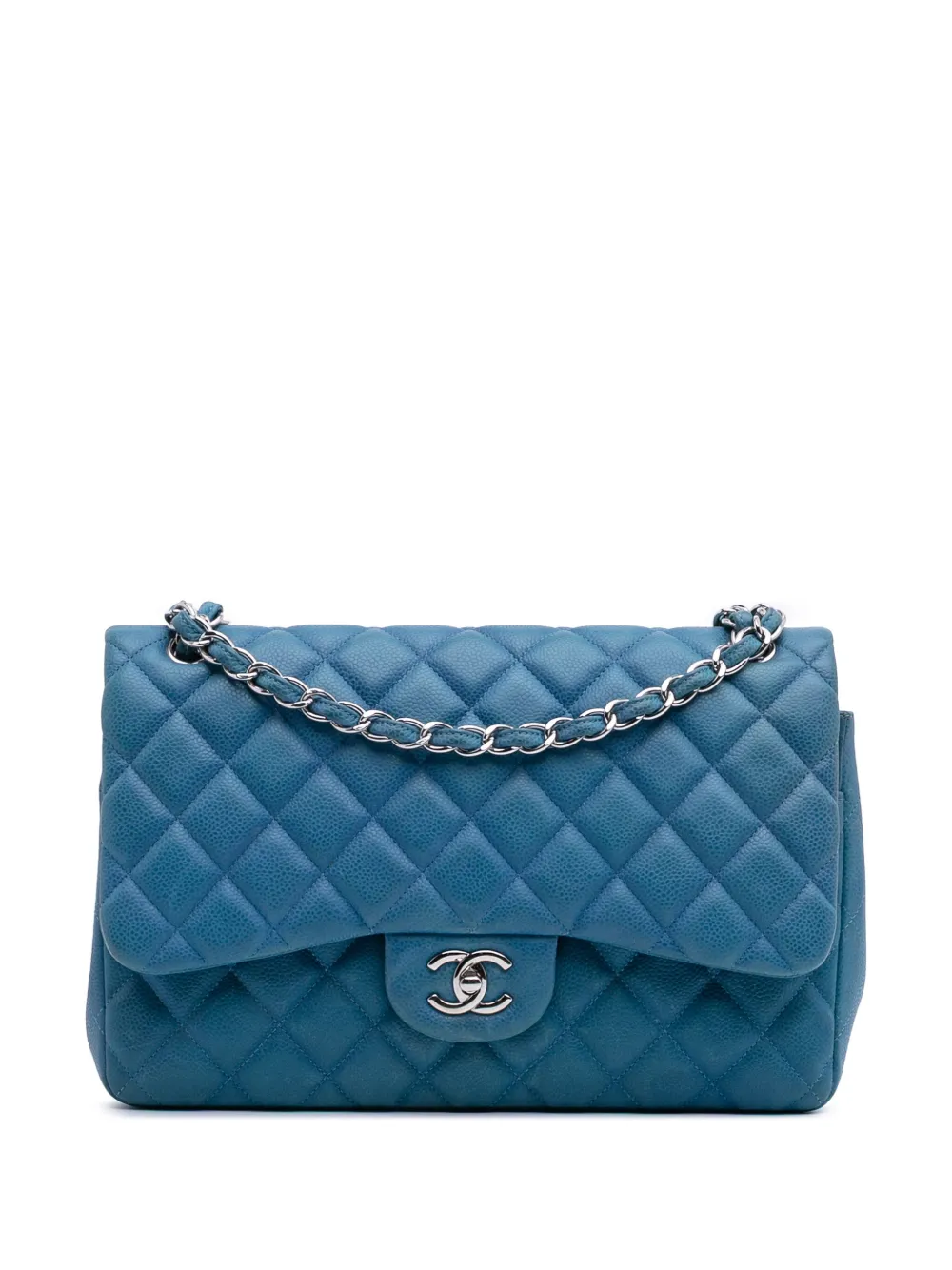 CHANEL Classic Double Flap Bag - Quilted Blue Caviar Leather & Silver Hardware - COZYMIZE
