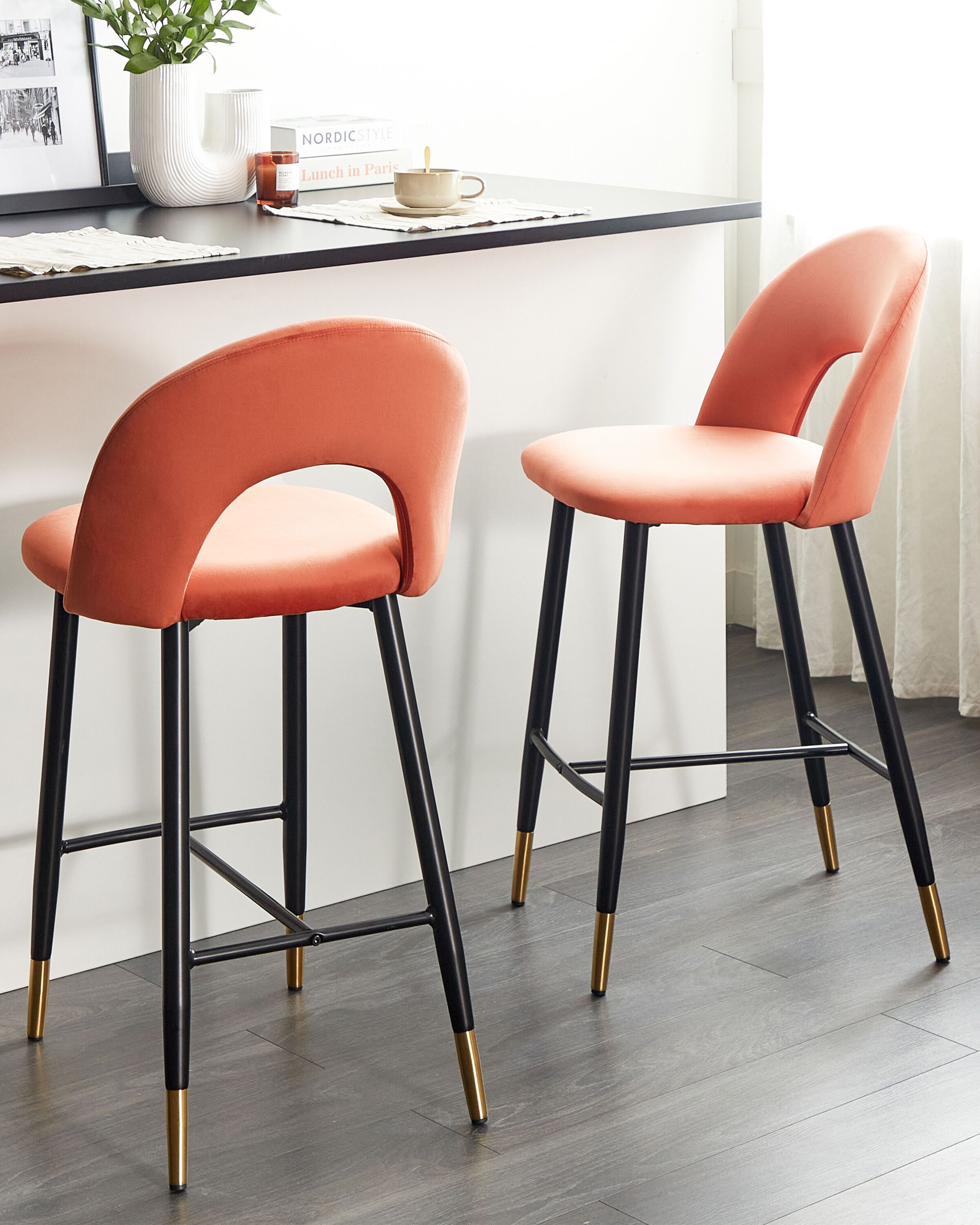 Set of 2 Bar Chairs FALTON Velvet Coral