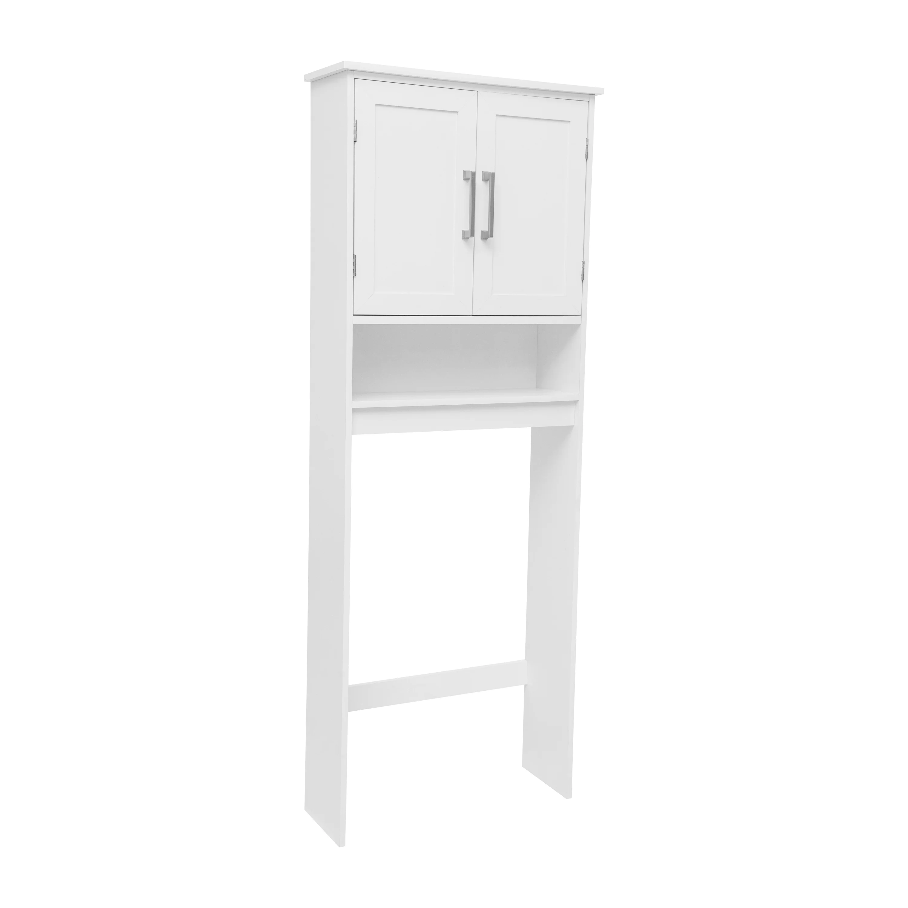 Emma + Oliver Over the Toilet Cabinet Storage Bathroom Organizer with In-Cabinet Adjustable Shelf, Open Lower Shelf, and Dual Magnetic Closure Doors in White