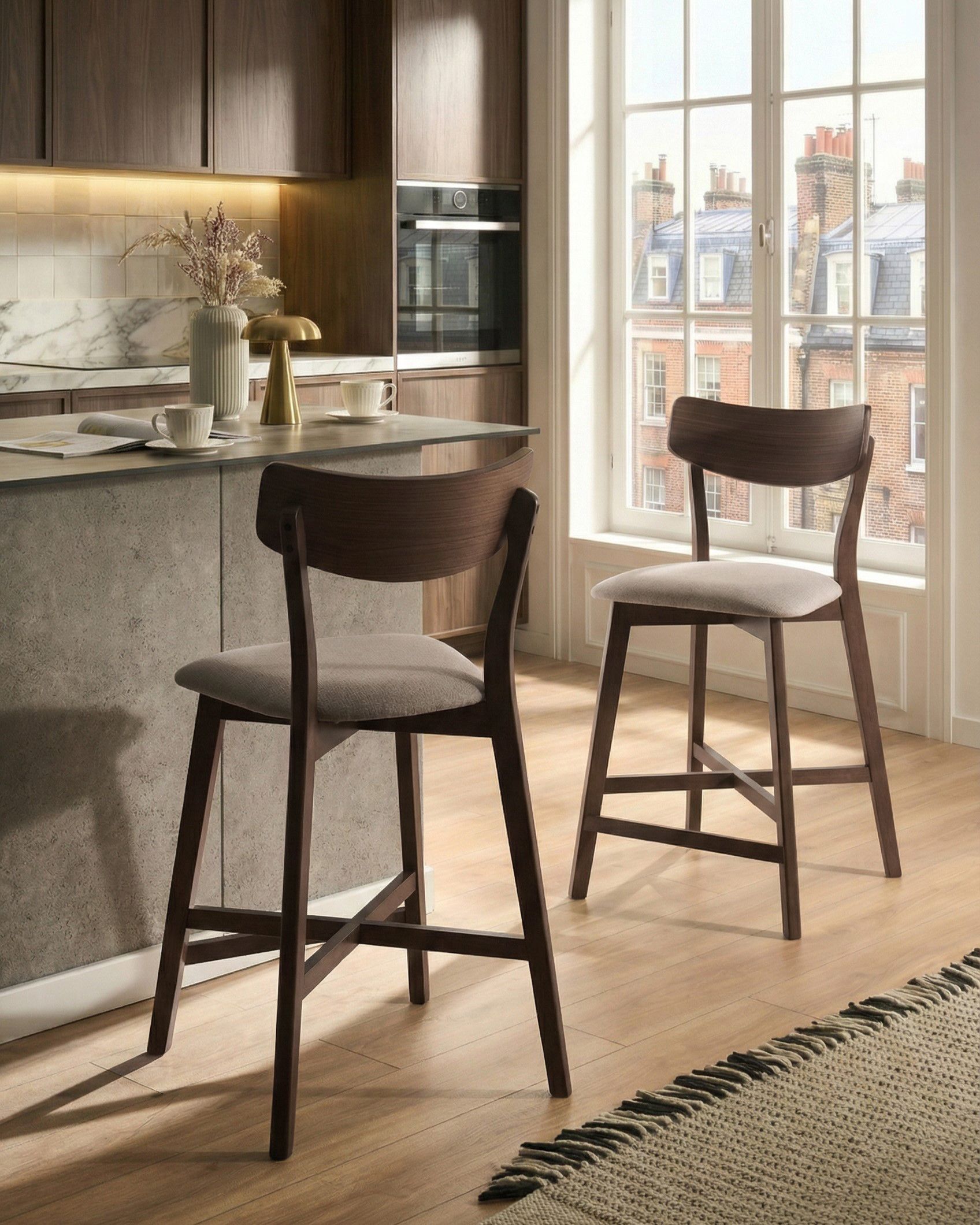 Set of 2 Bar Chairs HOPE Wood Brown/ Beige