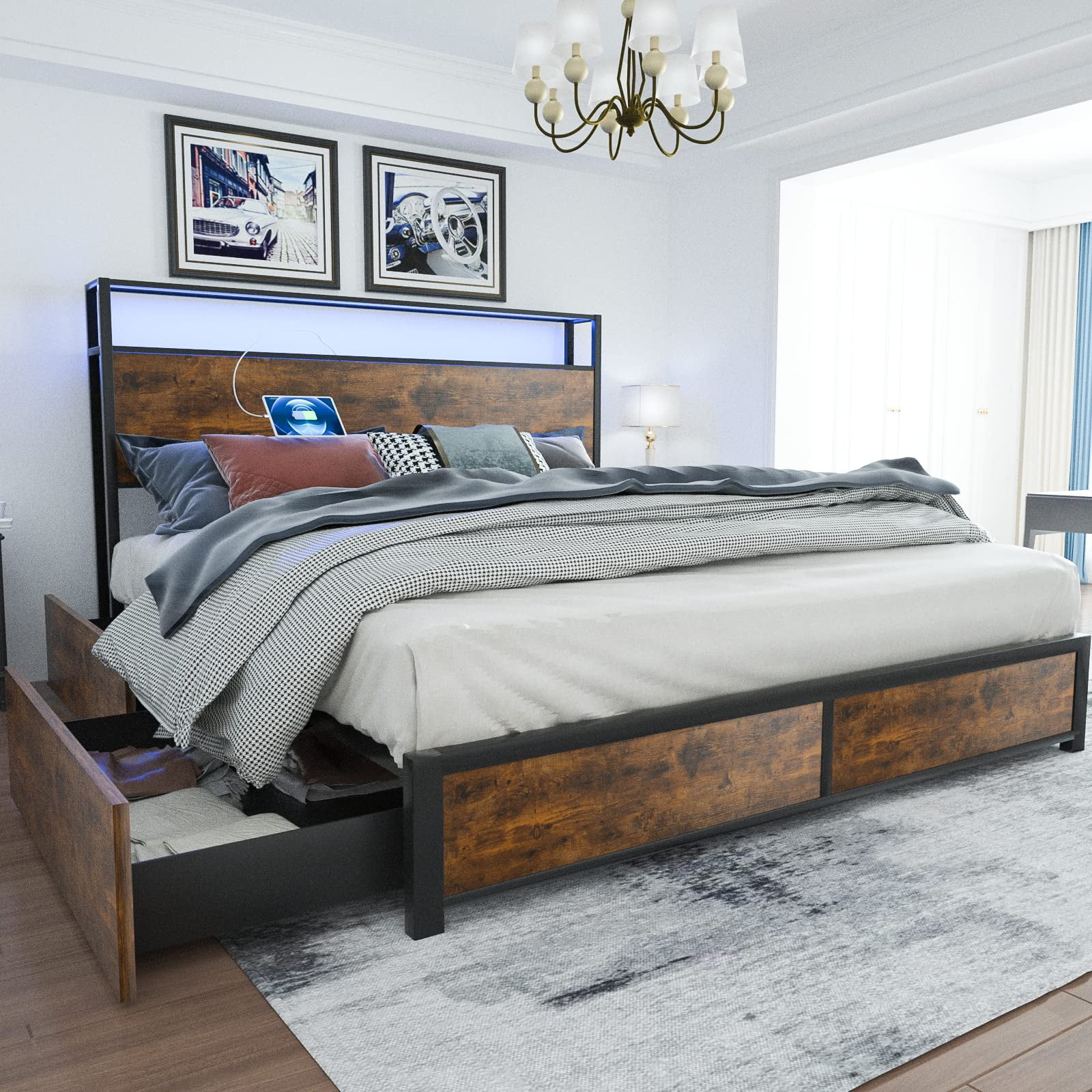 LED Full Bed Frame with Storage Headboard & 4 Drawers, Industrial Metal Platform Bed with Power Charging Station & USB Ports - Image 10