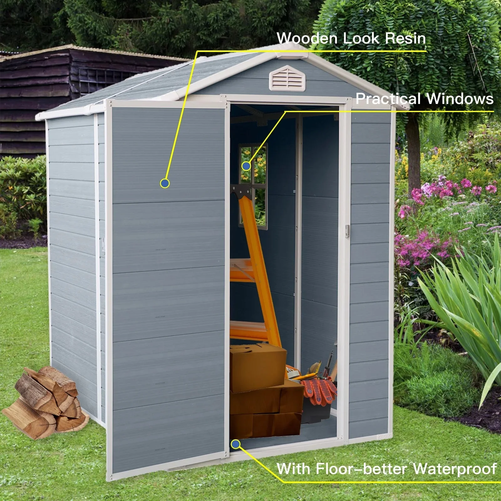 Seizeen Outdoor Resin Storage Shed, 41 Cu. Ft. / 306 Gal, Gray, 3 Doors With Floor - Image 28 Seizeen Outdoor Resin Storage Shed, 41 Cu. Ft. / 306 Gal, Gray, 3 Doors With Floor - Image 28
