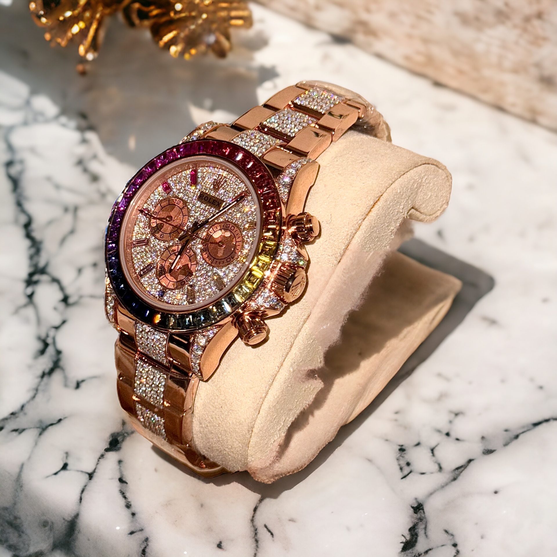 Rolex Daytona Rainbow Replica Watch Gold Wrapped + Ruby + Moissanite Diamonds 40mm - Top club