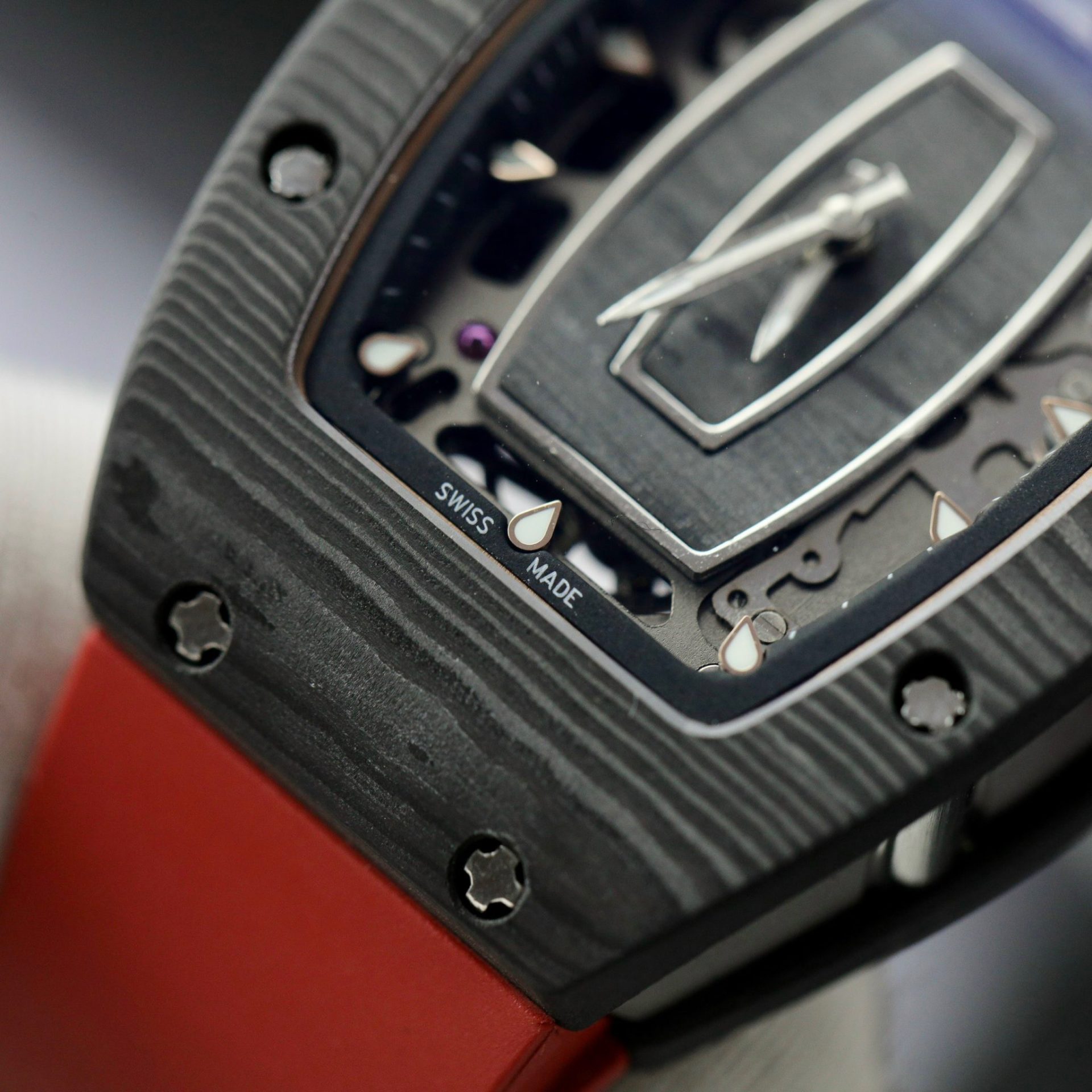 Richard Mille Replica 1:1 Watch RM07 Carbon Black Red Rubber Strap 36mm - Top club