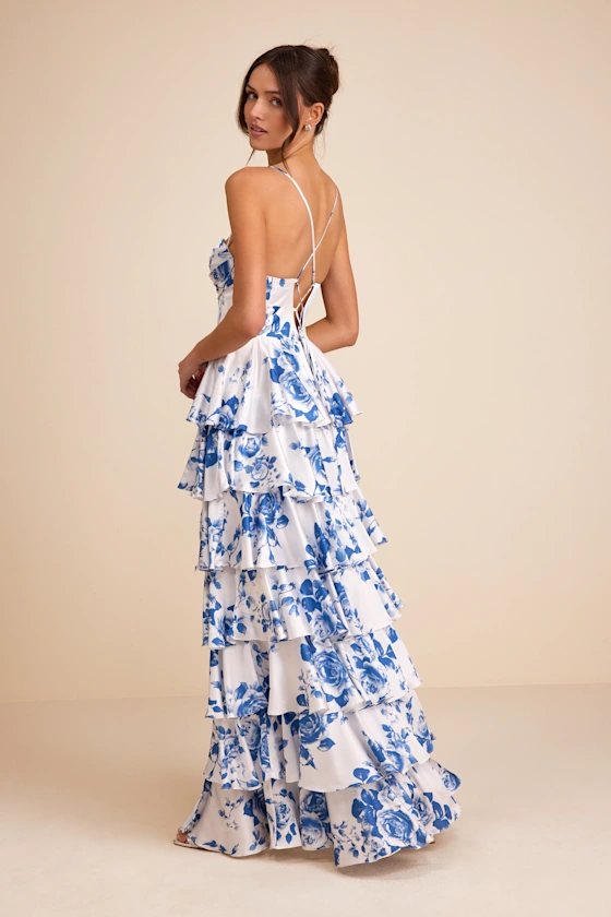Arletta White and Blue Floral Satin Bustier Tiered Maxi Dress