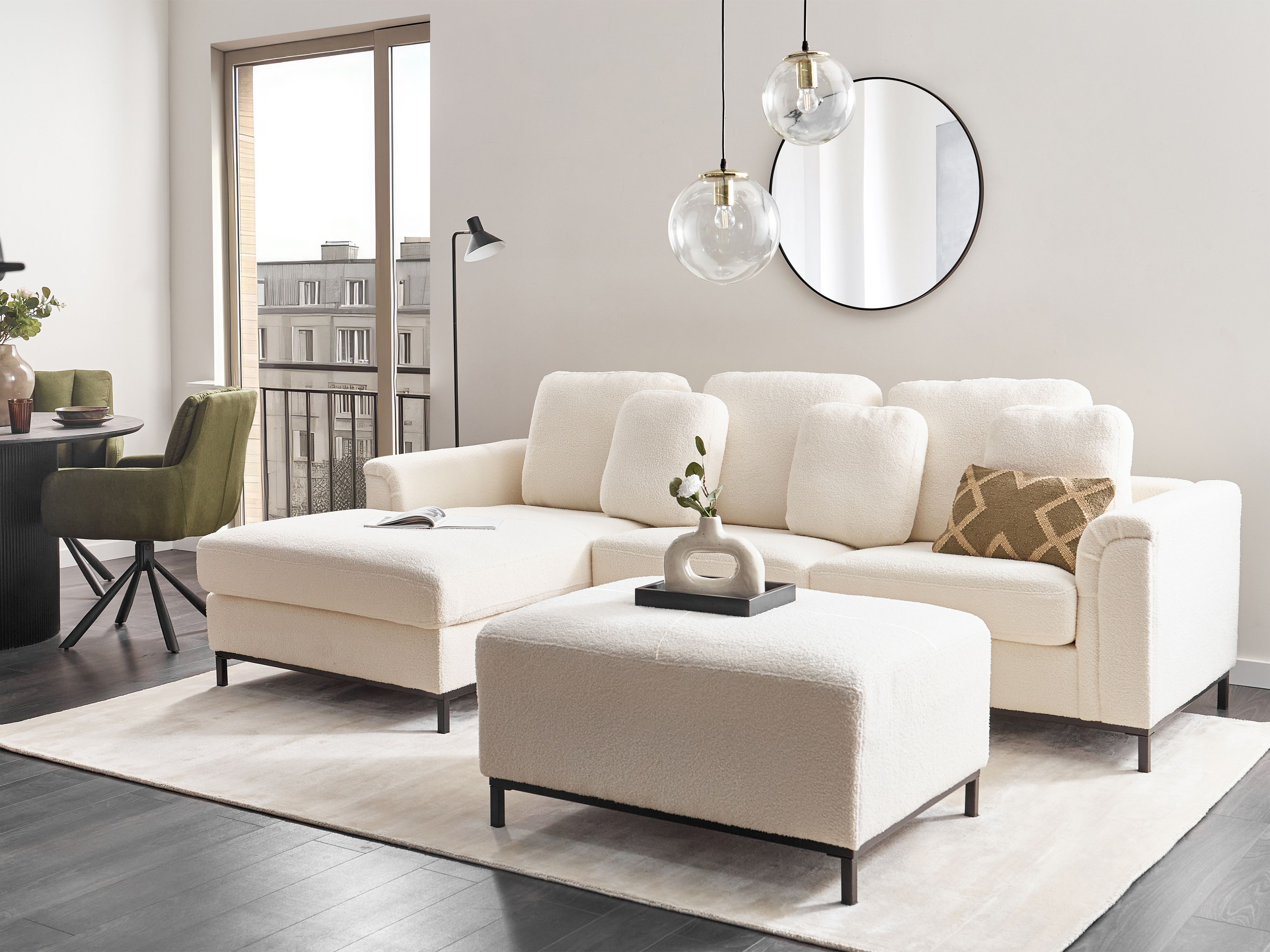 Corner Sofa 5 Seater OSLO Boucle White with Ottoman Right Hand
