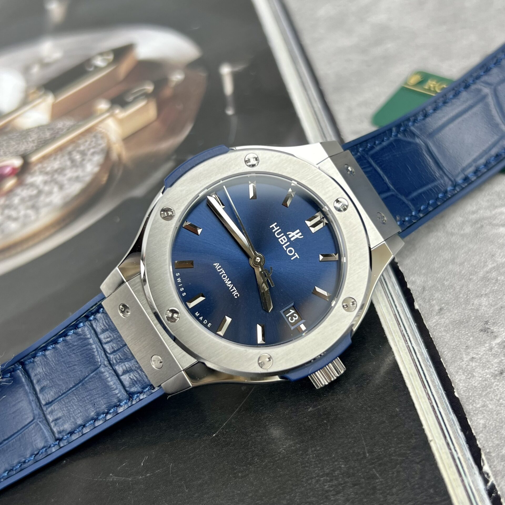 Hublot Classic Fusion Titanium Replica Watch Blue Leather Strap JJF 38mm - Elite Watch Atelier