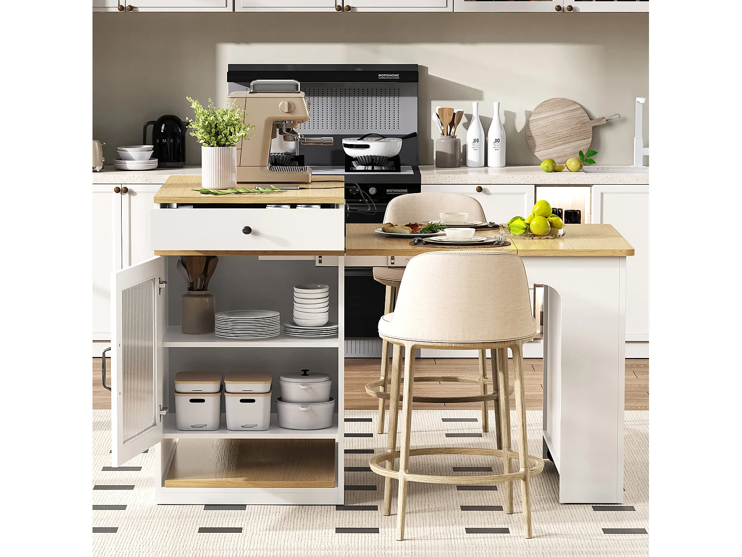Îlot central de cuisine sur roulettes, prises , porte et 2 tiroirs - table extensible- Blanc et naturel