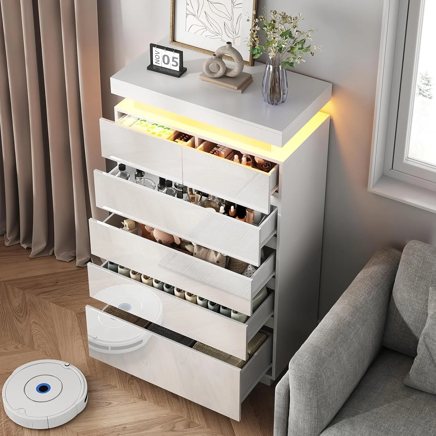 NEGYLIM 6 Drawer White Dresser, High Gloss Dresser with LED Light for Bedroom, Living Room, Hallway, Easy Assembly - Image 8