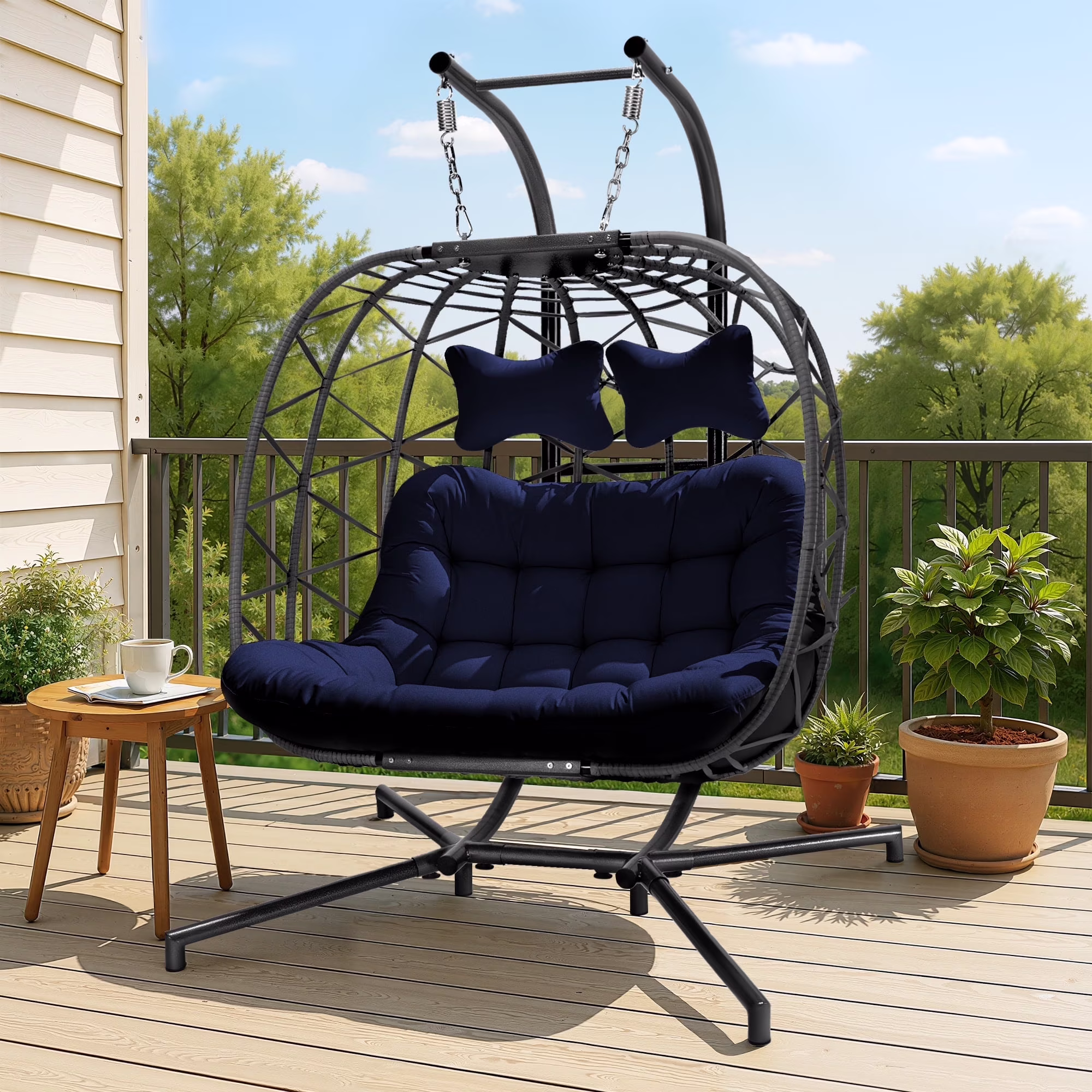 RADIATA Double Wicker Egg Swing Chair with Stand, 2-Person Hanging Egg Chair for Indoor/Outdoor, 700lbs Capacity, Thick Cushions & Headrest,Sturdy Metal Frame��Dark Gray - Image 3