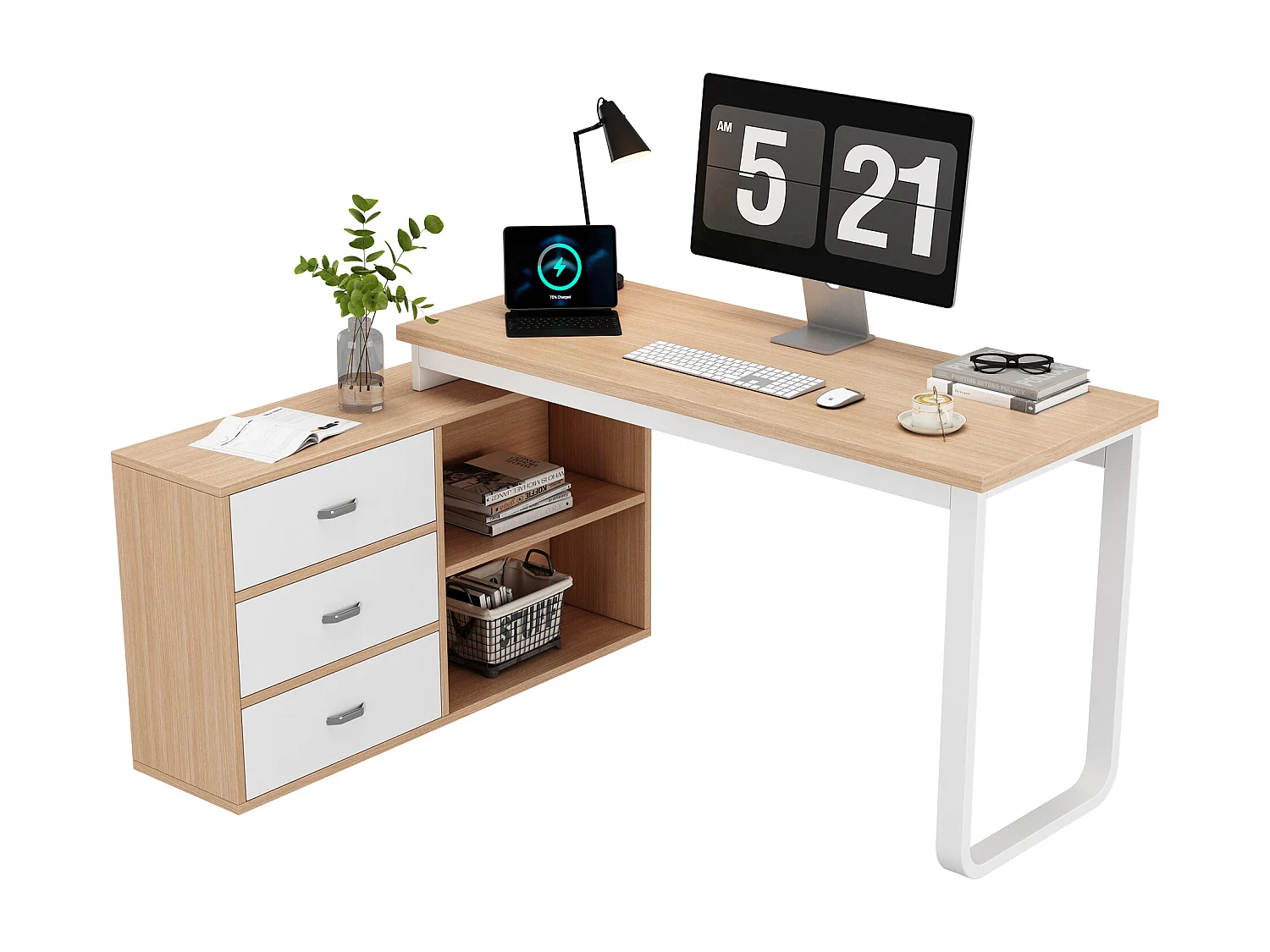Bureau multifonction L-type avec 3 tiroirs et 2 niches style industriel, DOBBY