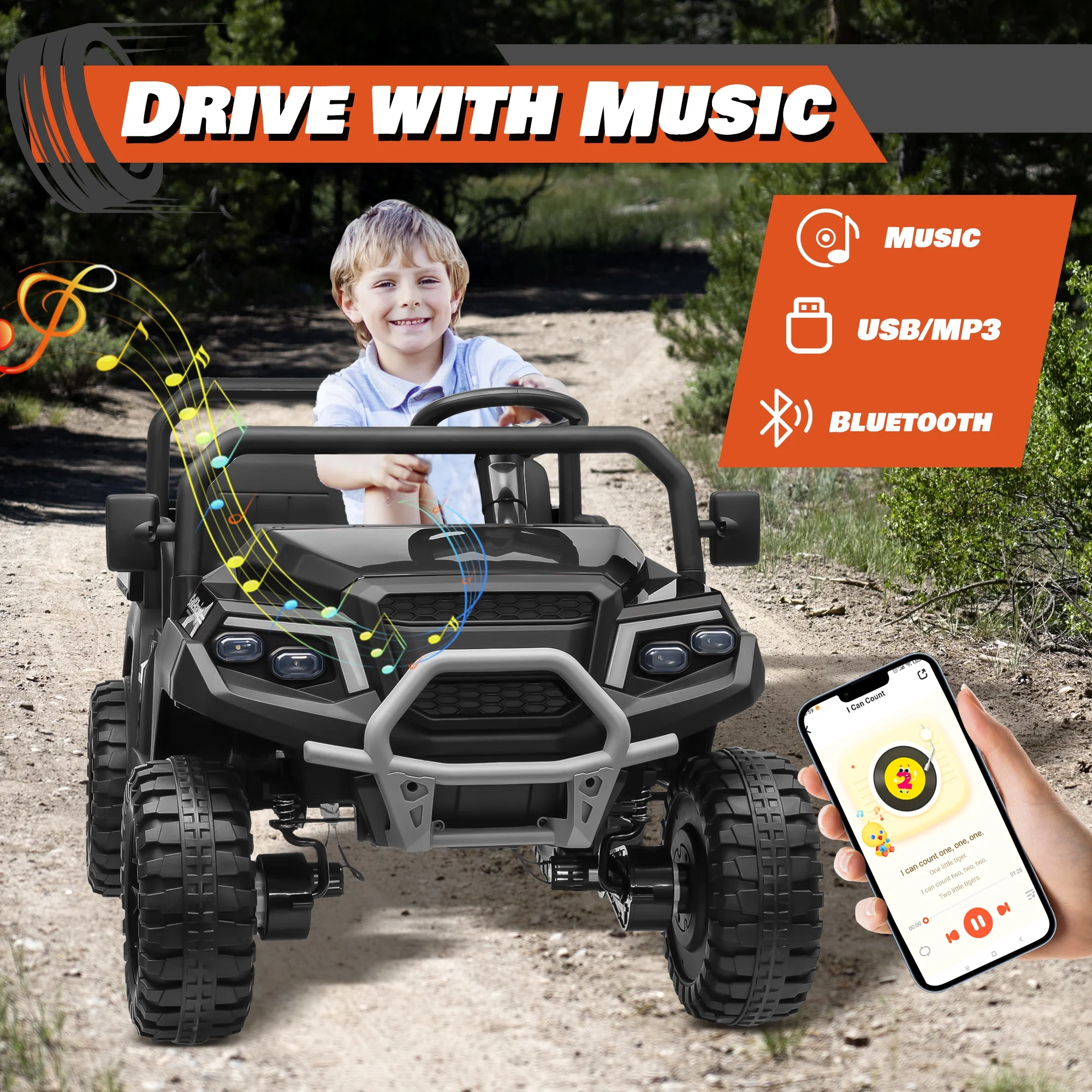 Joyracer 4WD 24 Volt Ride on Toys UTV with 2 Seater & Remote Control, Kids Electric Golf Cart w/ 4x200W Power Motors, Tiltable Trailer & Shovel, 4 Wheels Spring Suspension, Bluetooth USB Music, Black - Image 9