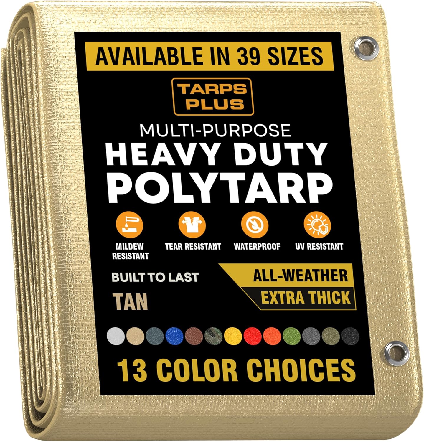 Heavy Duty Waterproof Tarp 14’x20’ – 12 Mil Thick, UV Resistant, Tear & Fade Proof Poly Tan Tarp with Reinforced Grommets, Multipurpose Cover for Roof, Camping, Garden, Boat, Cars & Pool