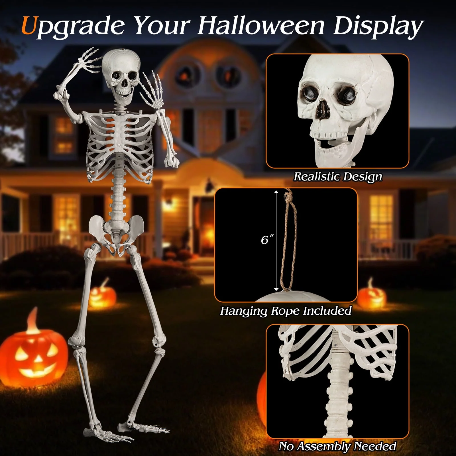 Costway 5.4 FT Halloween Skeleton Decoration Life Size Large Skeleton with Posable Joints 64.5 Inches Ivory White - Image 9 Costway 5.4 FT Halloween Skeleton Decoration Life Size Large Skeleton with Posable Joints 64.5 Inches Ivory White - Image 9