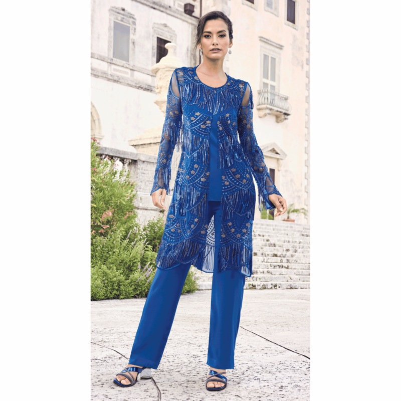 Jozette 3-Piece Pant Set with Sheer Sequined, Embroidered, Fringe Jacket - MIDNIGHT VELVET CATALOG