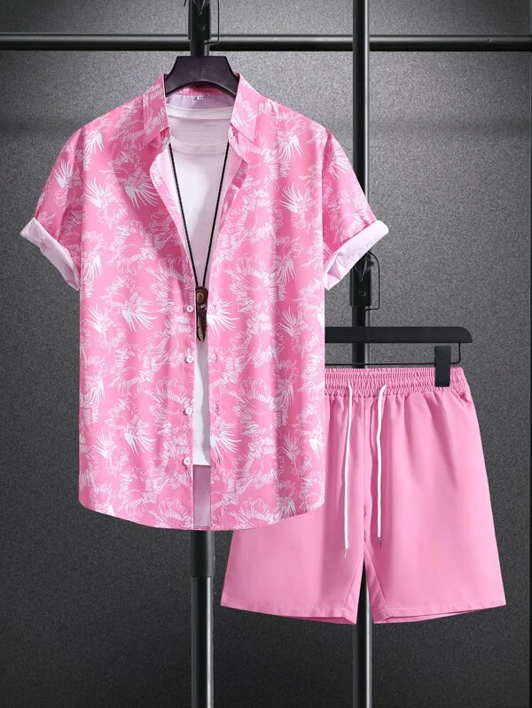 Suitmens Men's Pink Hawaiian Print Short Sleeve Shirt Set 016