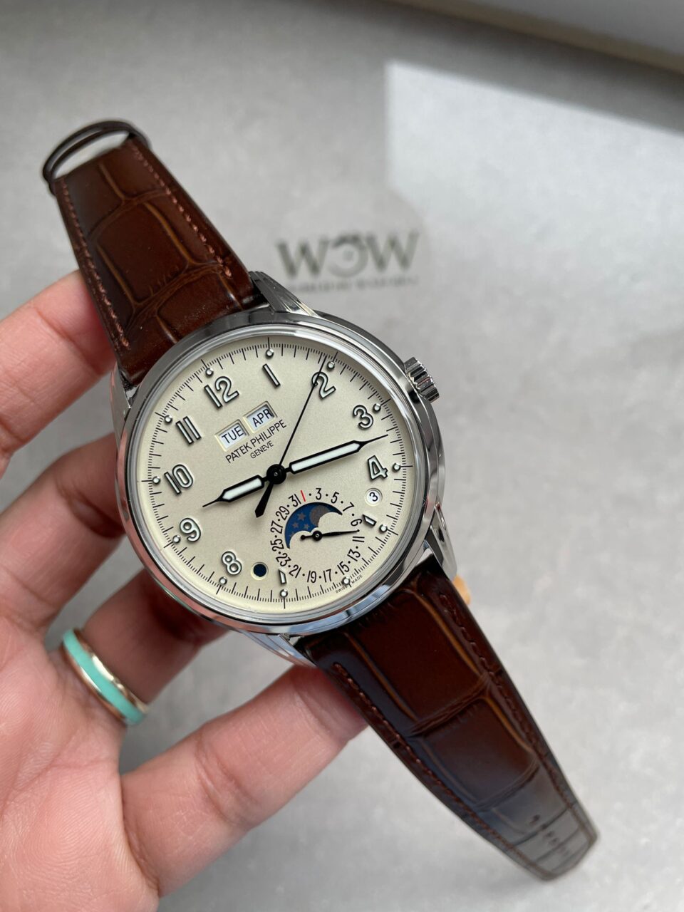 Replica PATEK PHILIPPE Perpetual Calendar 5320G-001 SS GSF 1:1 Best Edition Cream Dial on Brown Leather Strap A324 - Elite Watch Atelier