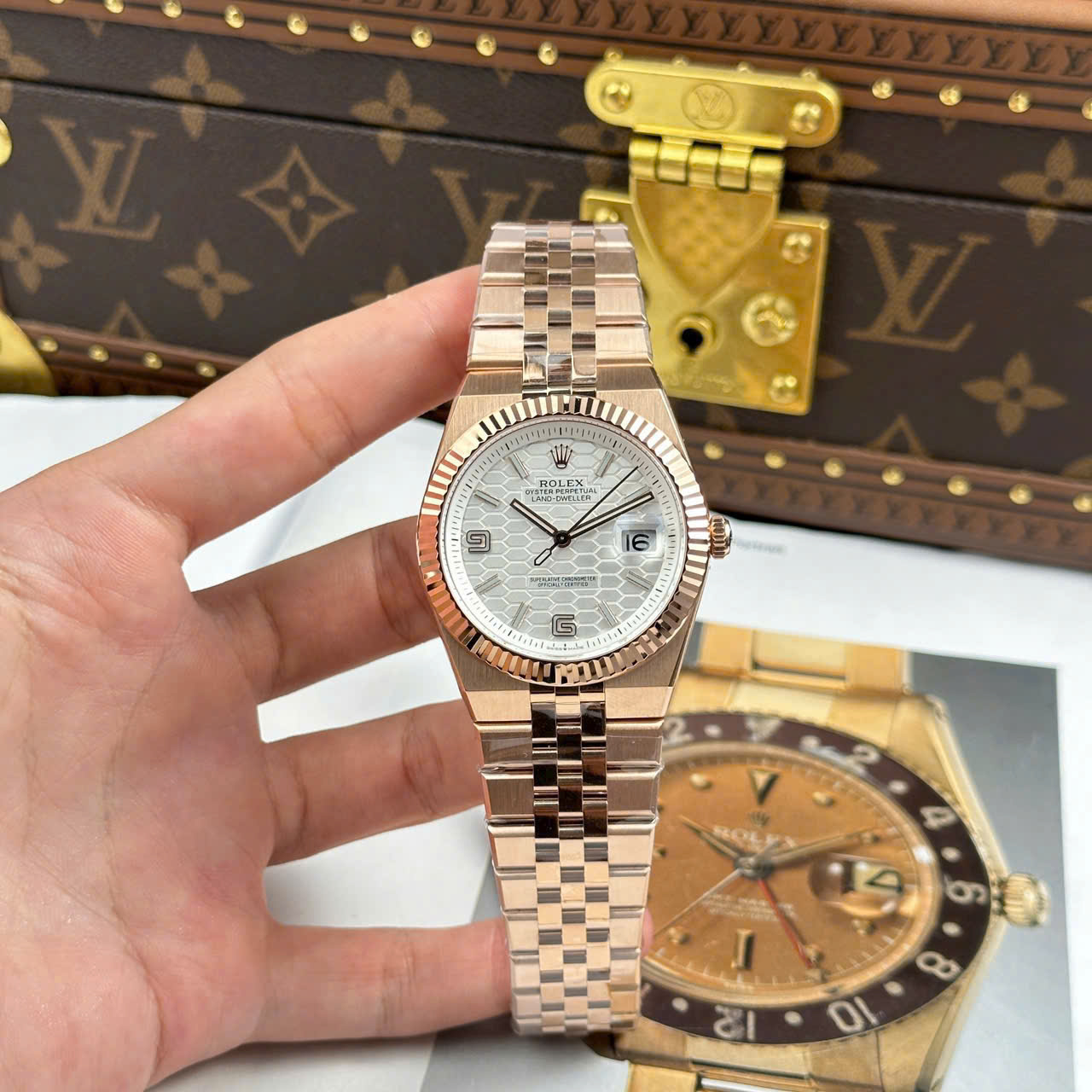 Rolex Land-Dweller 127235 Rose Gold Honeycomb Motif Dial Luxury Fake Watches 40mm - Elite Watch Atelier
