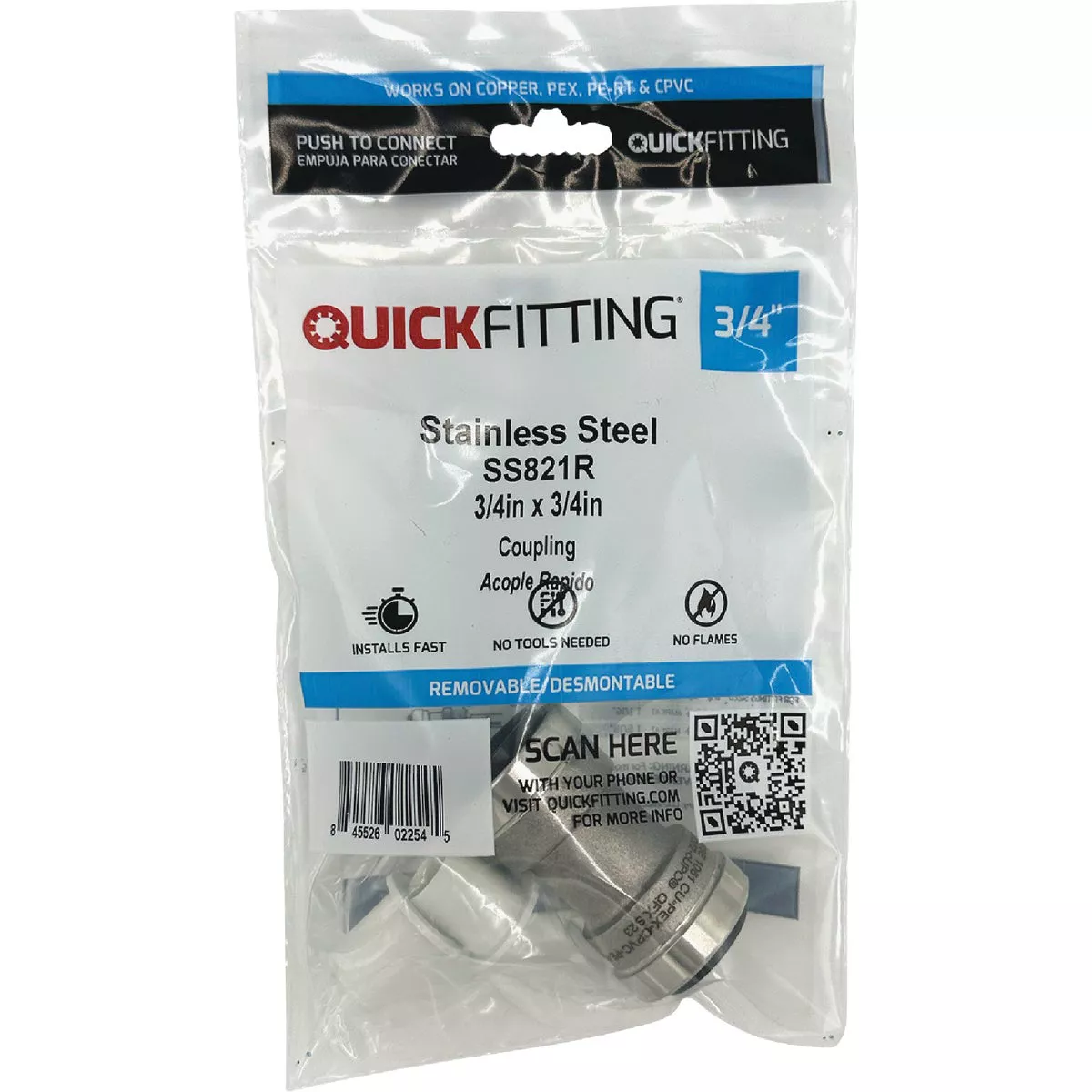QuickFitting 3/4 In. Push-to-Connect Stainless Steel Straight Coupling