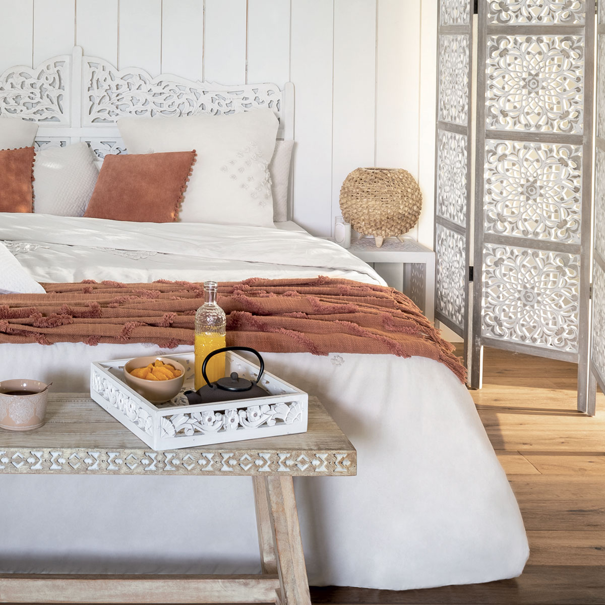 Bed throw "Inca", tufted cotton Terracotta pink, 130x180 cm