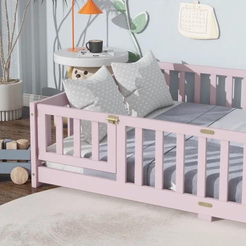 Bellemave Full Size Floor Bed with Door and Fence Floor Bed with Bed Slats Sturdy Wood Floor Bed Montessori Bed Frame (Full, Pink) - Image 6