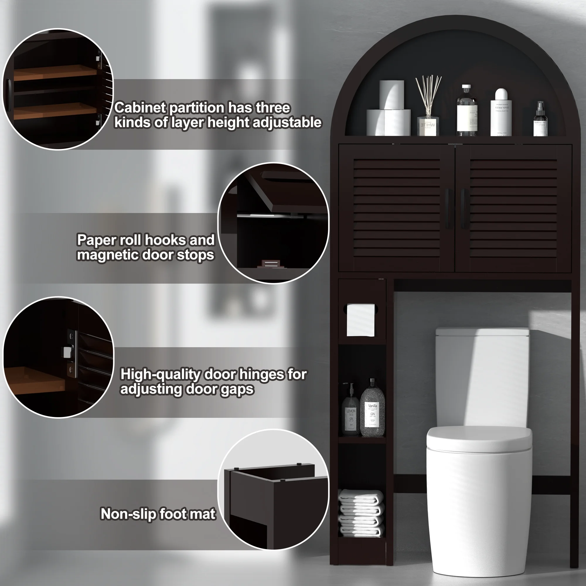 HARIPUL Over The Toilet Storage Cabinet w/ Unique Wood Grain & Arc Design, Freestanding Bathroom Shelf Organizer Space Saver w/ Doors & Anti-Tip Device, Wood Color - Image 47