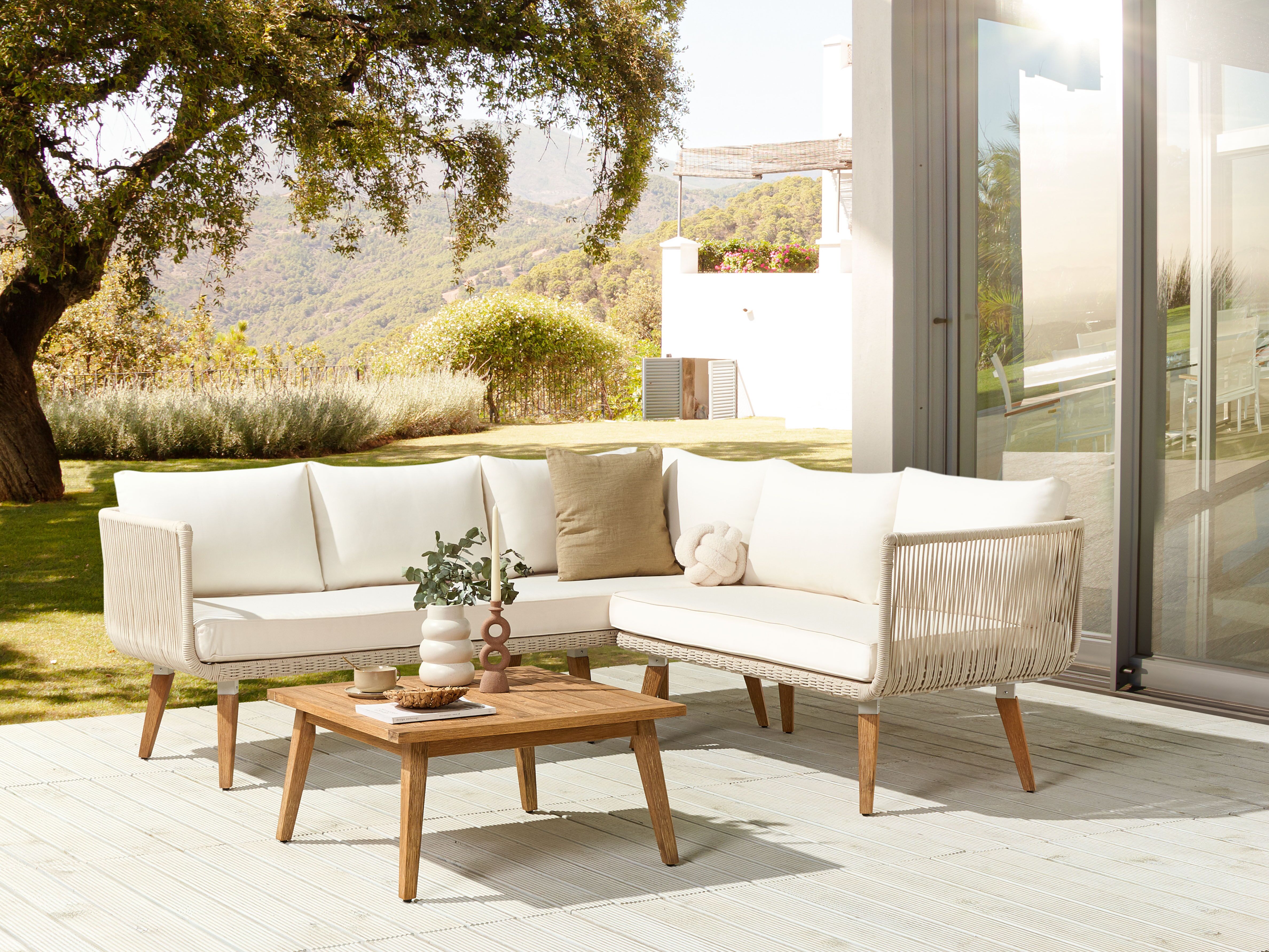 Garden Corner Sofa with Table 5 Seater ALCAMO Left Hand Acacia Wood Light Beige