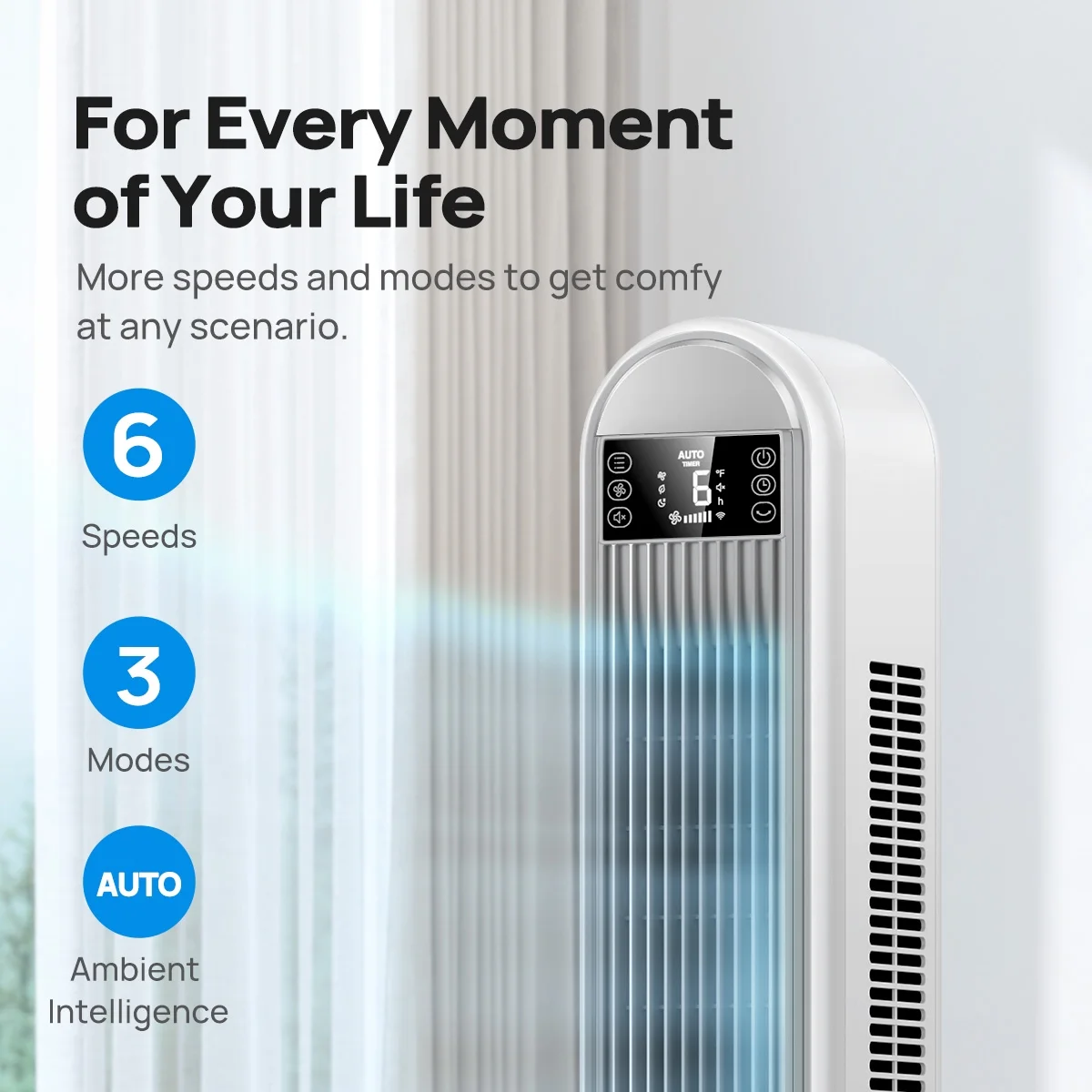 Dreo Tower Fan for Home, 42" Standing Fan with Remote, 90�� Oscillating Fan for Indoors, 34dB Quiet Bedroom Fans, 6 Speeds, 4 Modes, 12H Timer, Bladeless Fan with LED Display, 26 ft/s High Velocity - Image 9
