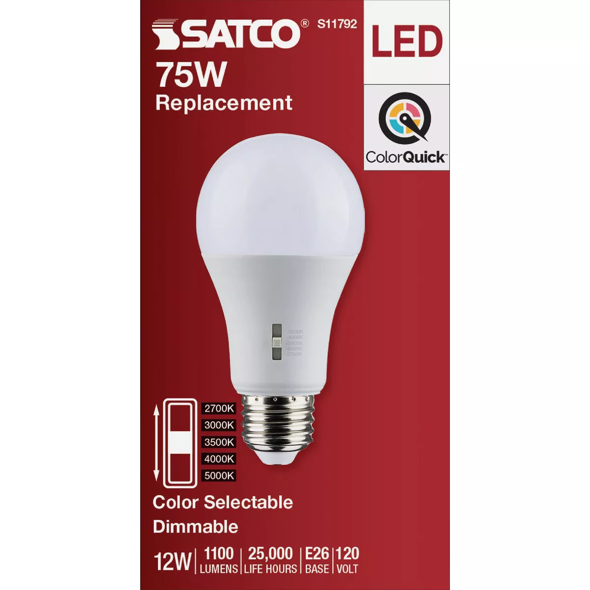 Satco 75W Equivalent 5CCT-Selectable A19 Dimmable Traditional LED Light Bulb