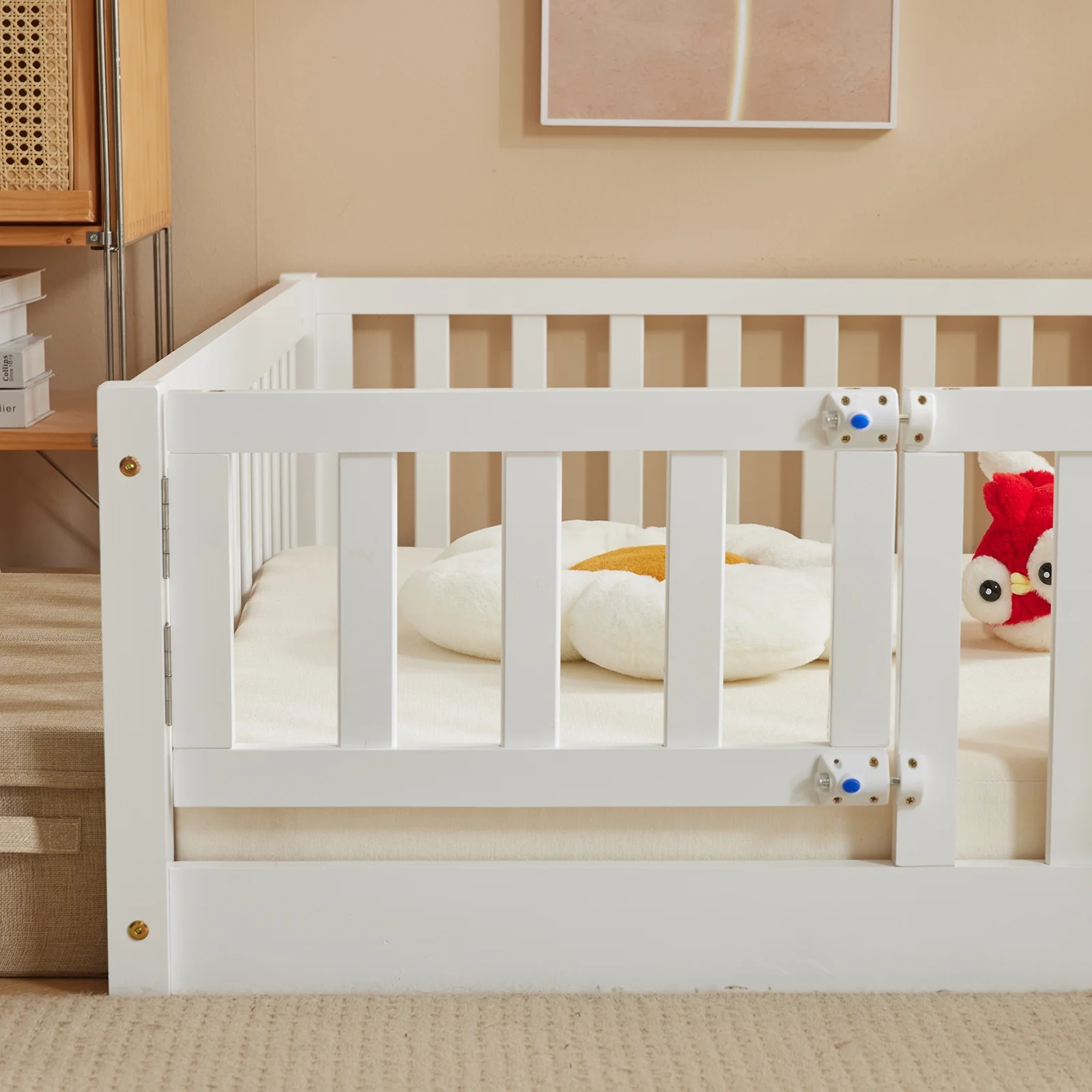 Zimtown Montessori Floor Bed Frame, Full Size Kids Toddler Bed with Fence and Door, Wooden Platform Bed, White - Image 9