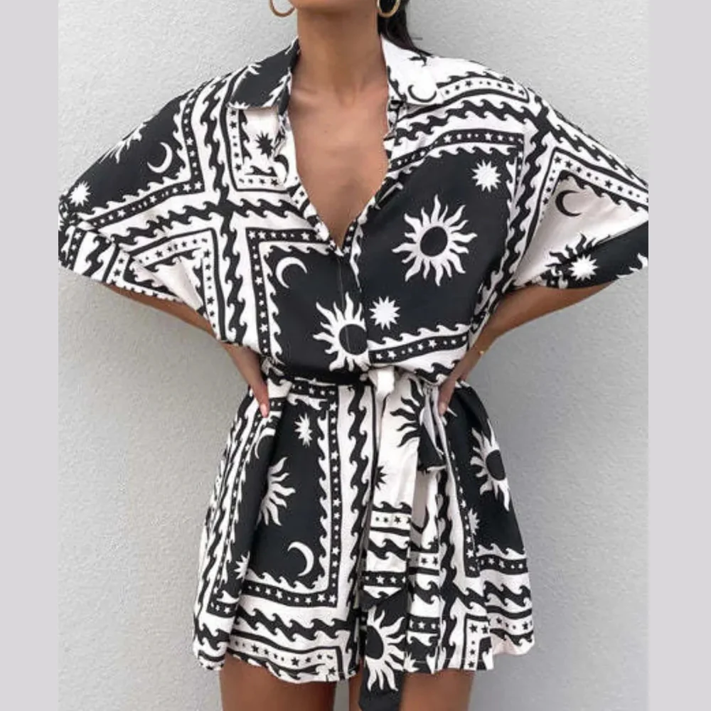 Printed Tie Waist Half Sleeve Romper - ZKZOOK