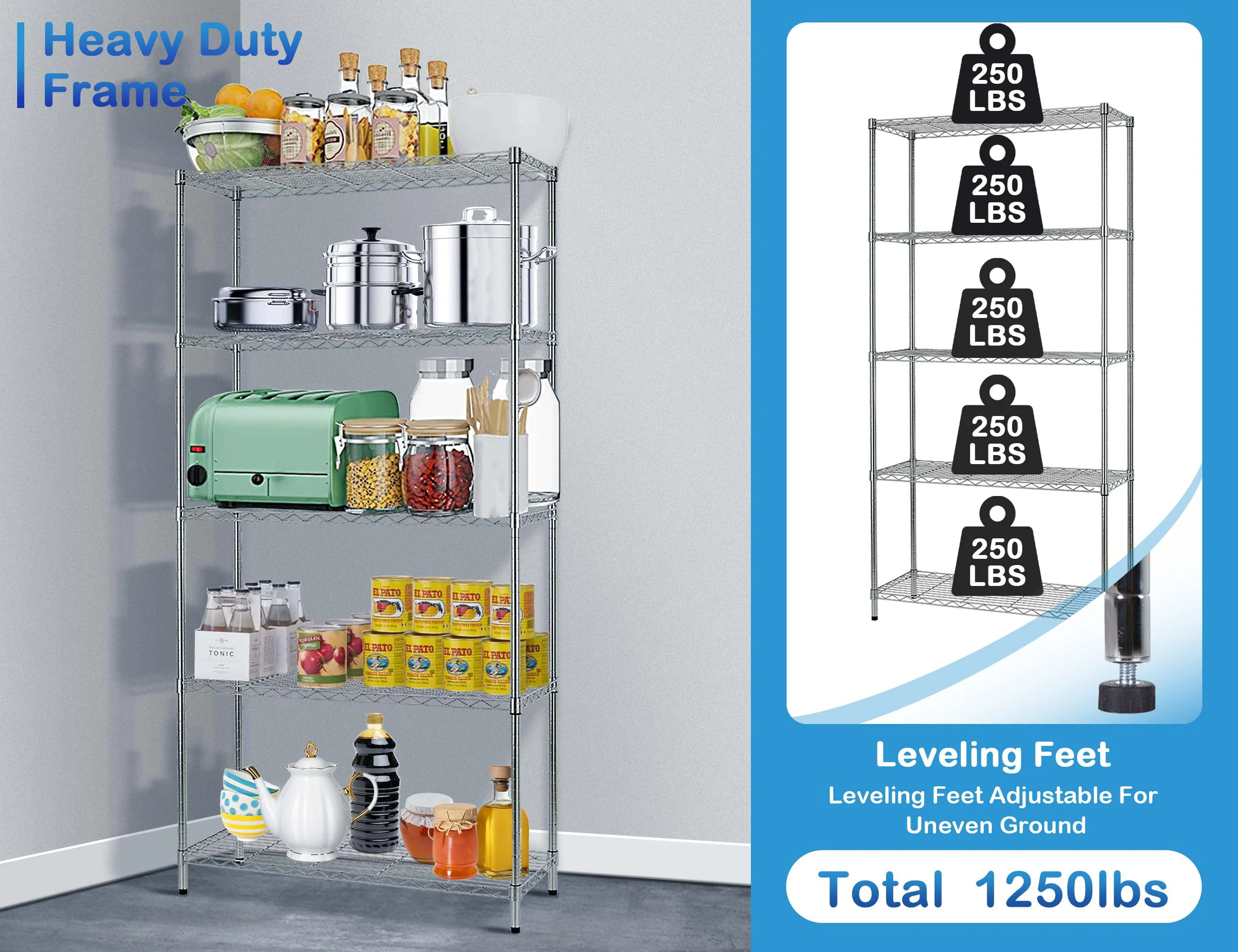 5 Tier Wire Shelving Rack, Adjustable Metal Storage Shelves Large Storage Shelving Unit Heavy Duty with Leveling Feet Commercial Grade Freestanding Steel Layer Rack Storage for Garage Pantry Kitchen