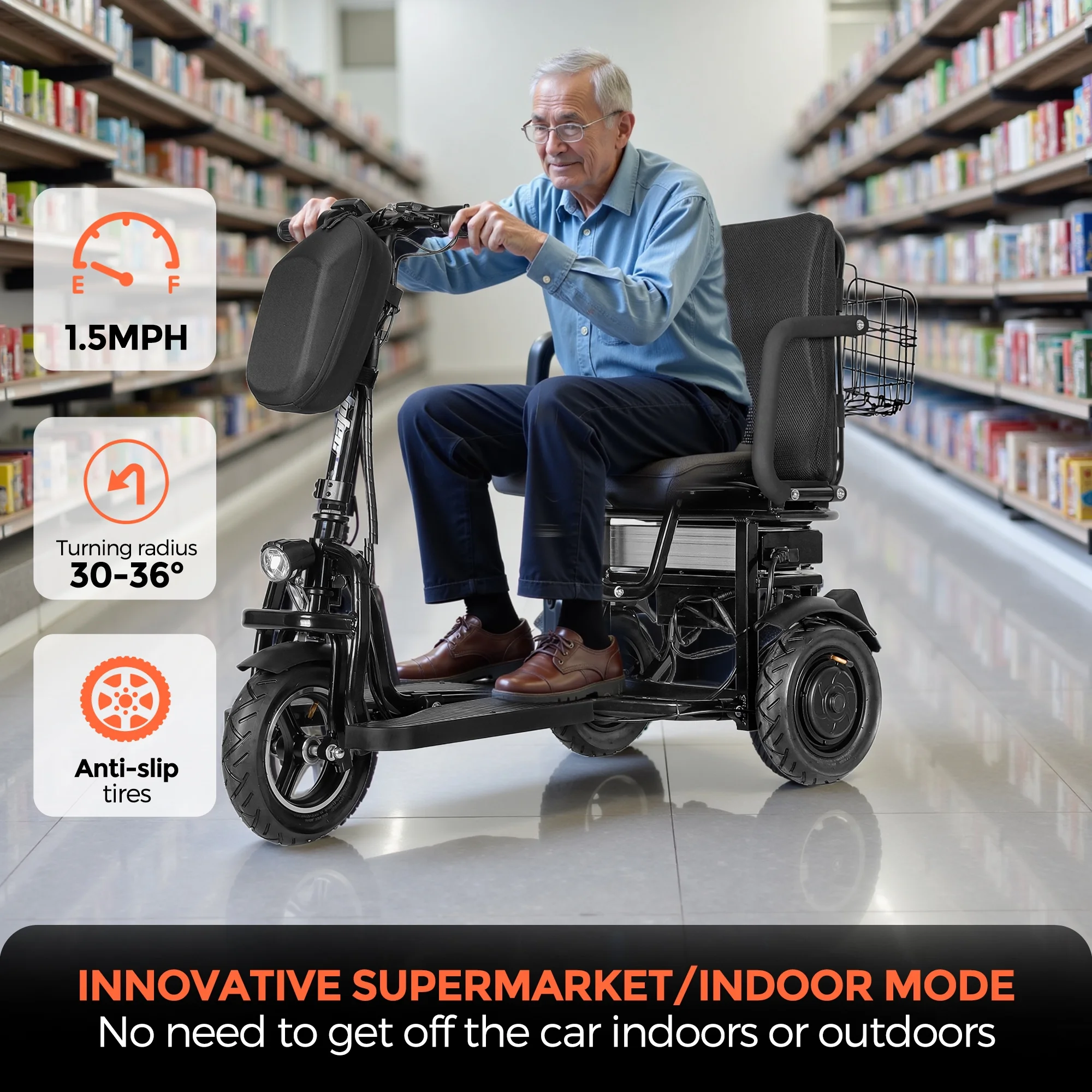 BAMACAR 3-Wheel Folding Mobility Scooter Lightweight for Seniors & Adults 300 lbs, Portable Powered Handicap All Terrain Travel Scooter, Mobility Scooters Foldable Collapsible Electric Scooters Black - Image 10