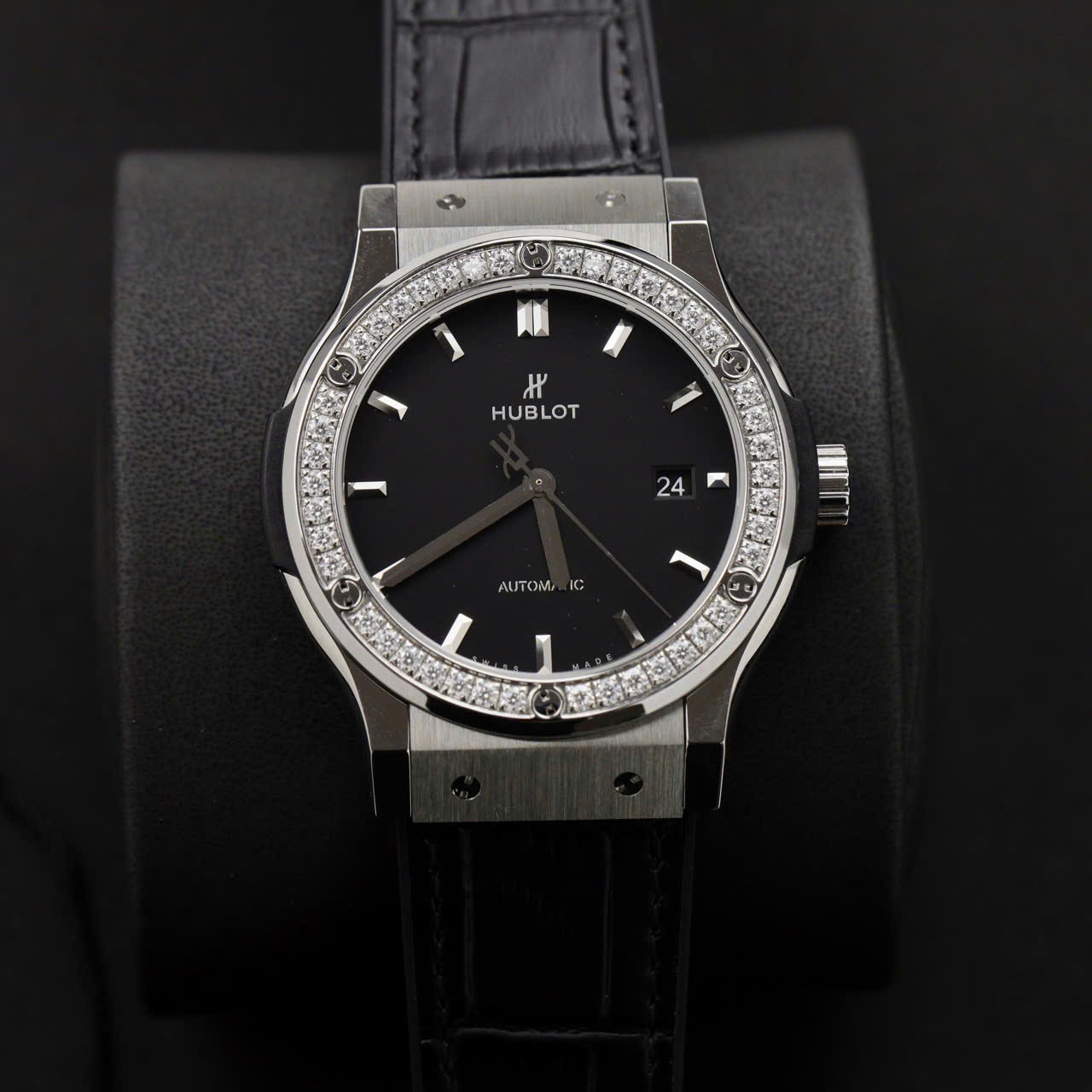 Hublot Classic Fusion Titanium Replica Watch Black Dial Custom Moissanite Diamonds 42mm - Elite Watch Atelier