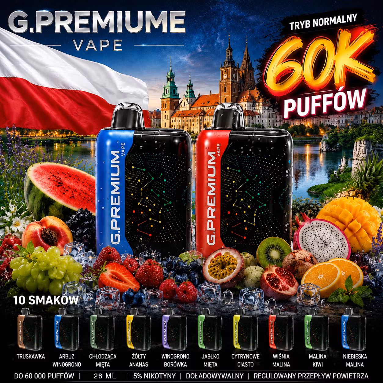 GEEK BAR PREMIUM 60 000 puffów – 10 smaków w jednym, Dual Mesh, tryb Boost i LED; 18 ml, 800 mAh, Type-C