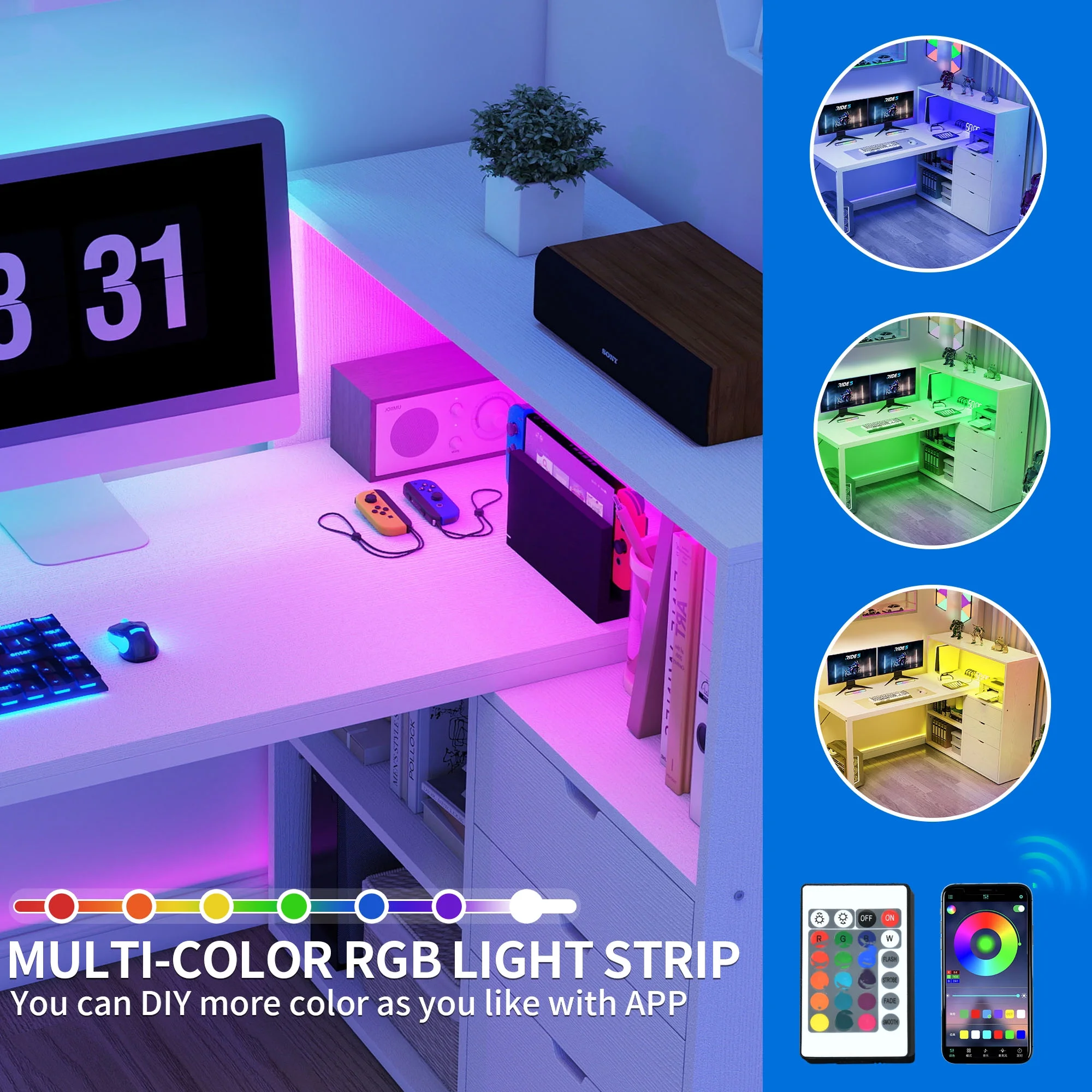 Dextrus L Shaped Desk with Power Outlets & LED Lights, Computer Desk with 3 Drawers and 3 Storage Shelves, White Office Desk Corner Desk for Home Office - Image 9