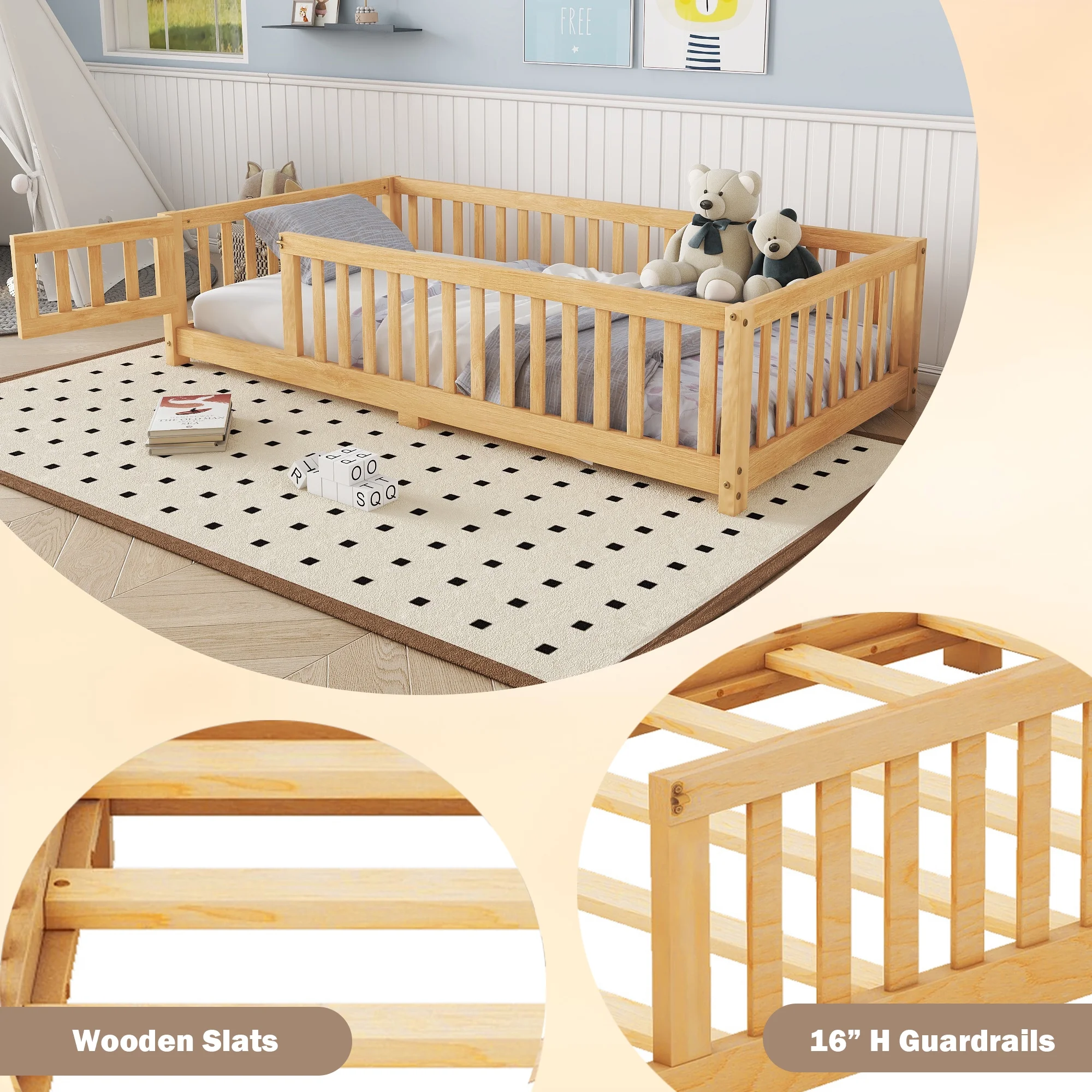 Bellemave Full Size Floor Bed with Door and Fence Floor Bed with Bed Slats Sturdy Wood Floor Bed Montessori Bed Frame (Full, Pink) - Image 14