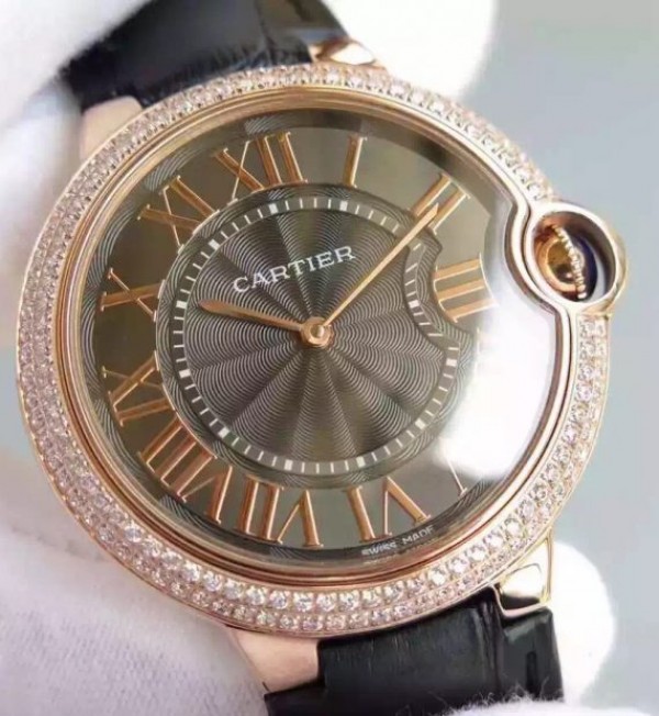Replica Cartier Ballon Bleu 40mm RG Diamonds Bezel Black Dial Leather Strap MIYOTA9015 - Top club